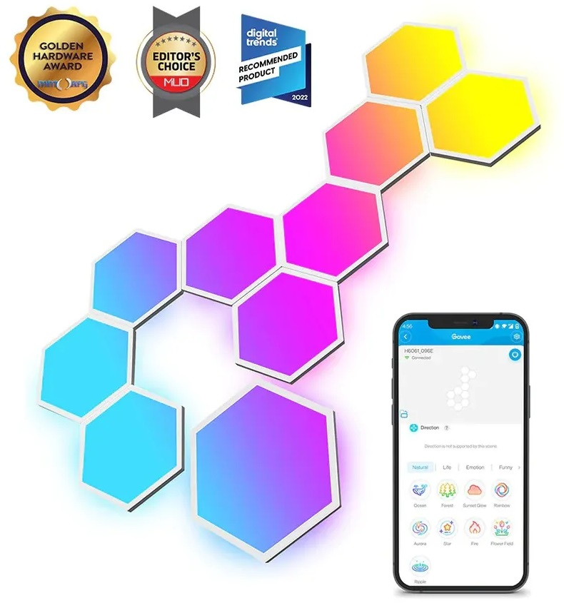 Sześciokątna konfiguracja oświetlenia z nagrodami i smartfonem wyświetlającym aplikację sterującą, pokazującą ustawienia i opcje oświetlenia.