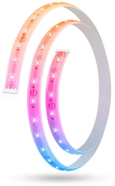 Zakręcona listwa LED z gradientem kolorów: niebieski, różowy, pomarańczowy i czerwony, na białym tle.