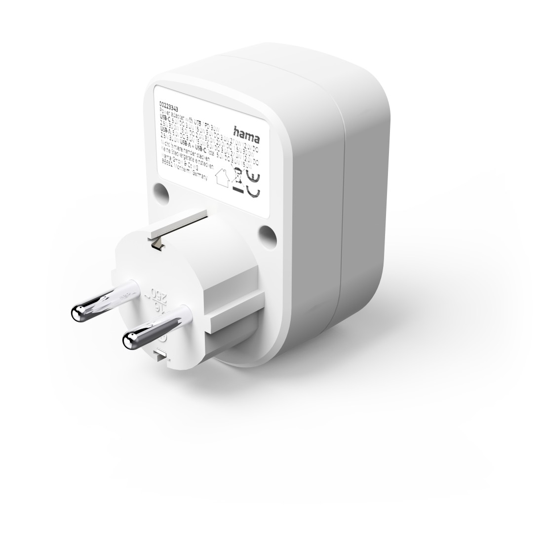Weißer, quadratischer Netzadapter mit drei Stiften, einem Etikett und weißem Hintergrund.