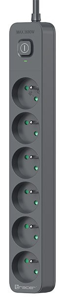Szara listwa zasilająca z sześcioma gniazdami i przyciskiem zasilania, oznaczona 'MAX 3680W'.