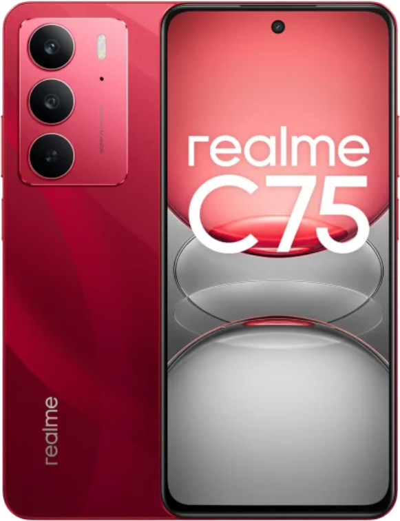 Czerwony smartfon Realme C75, pokazujący tył z aparatami i przód z ekranem.