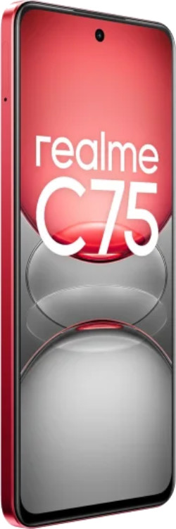 Osoba trzyma czerwony telefon Realme C75, pokazując jego wyświetlacz.