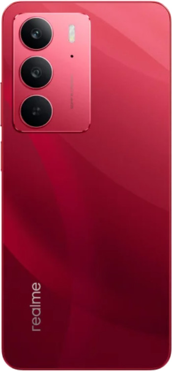 Czerwony smartfon z trzema aparatami z tyłu i marką 'realme'.