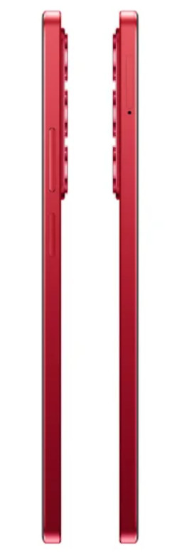 Dwa czerwone telefony obok siebie, pokazujące boczne przyciski i aparat.