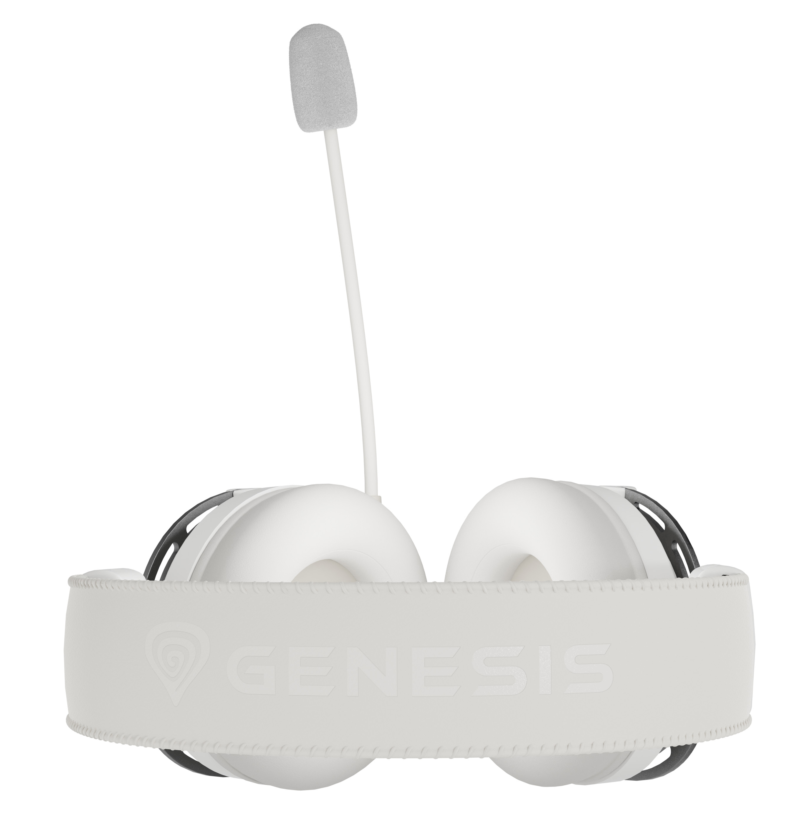 Czarno-szary zestaw słuchawkowy dla graczy, z białym pałąkiem z napisem Genesis.