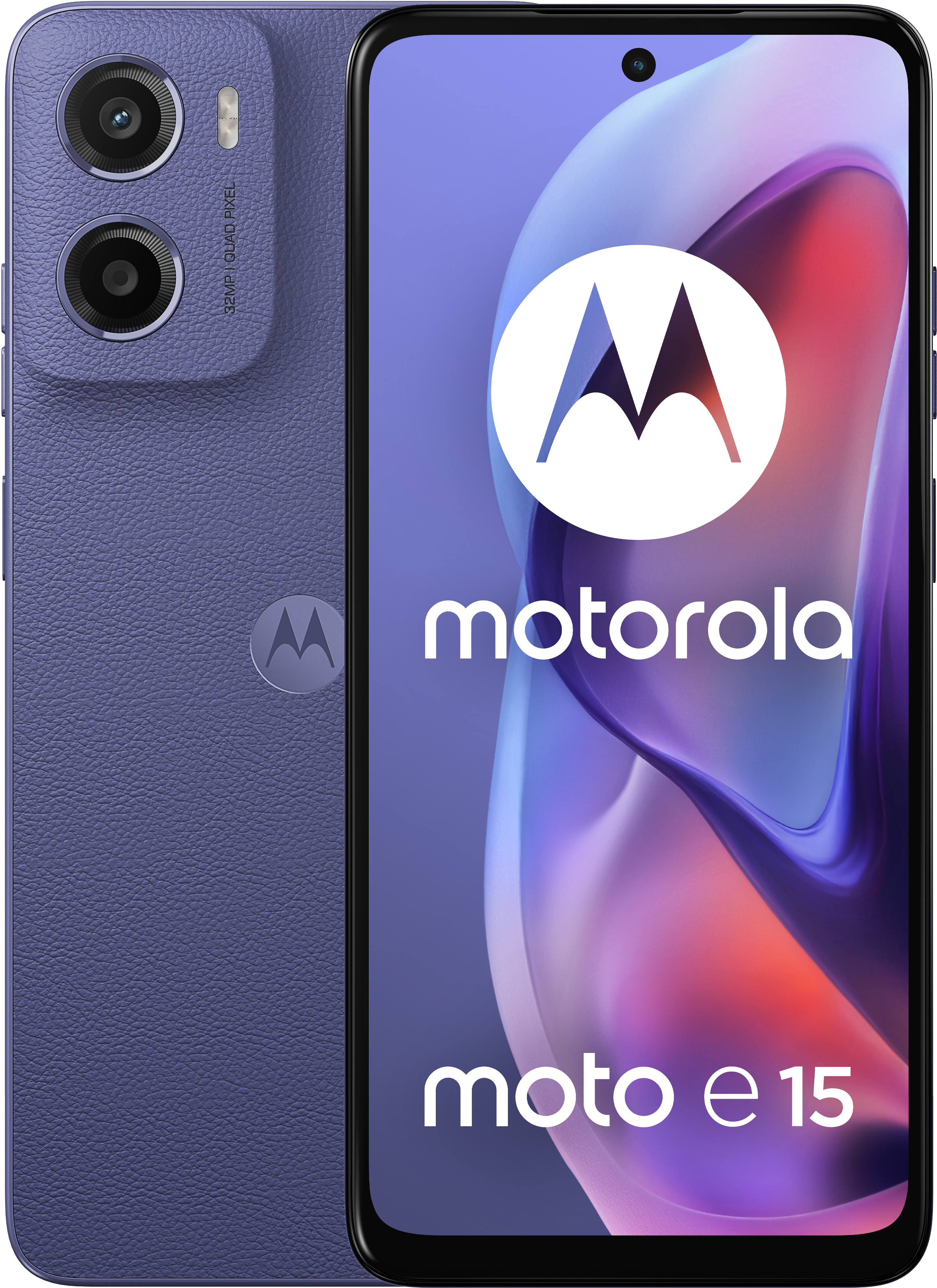 Niebieski smartfon Motorola Moto E15, z podwójnym aparatem i logo Motorola.