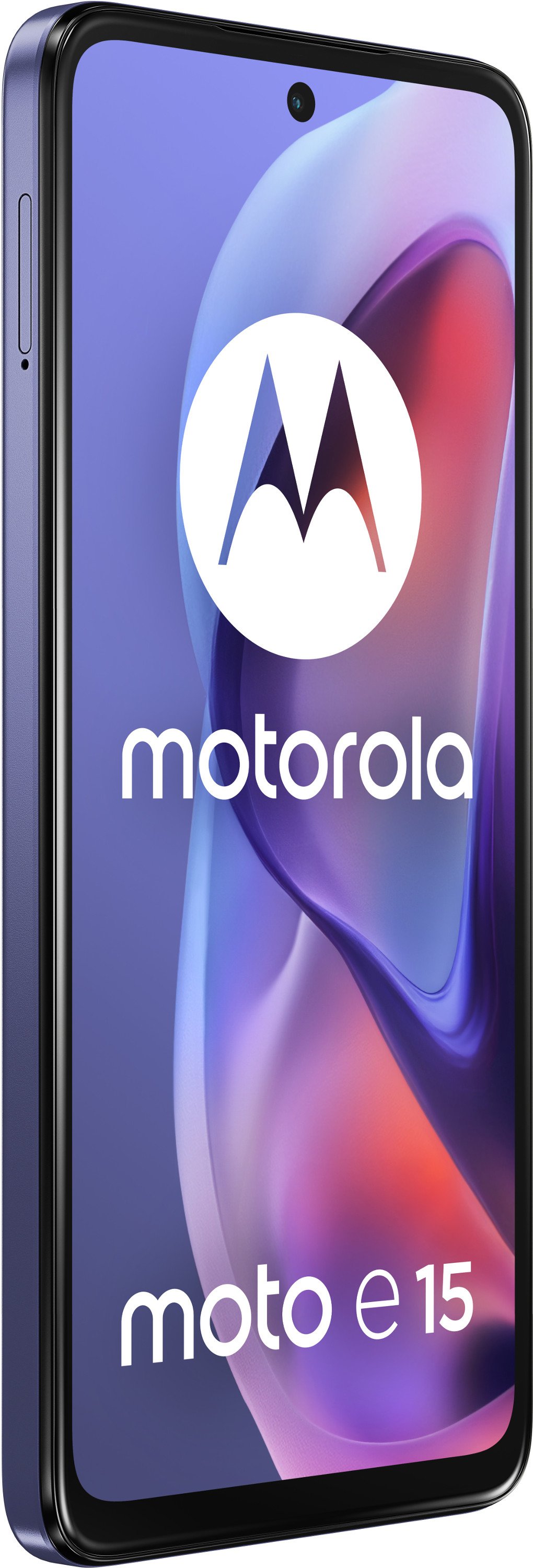 Niebieski smartfon Motorola moto e15. Widoczne logo Motorola i tekst moto e15.