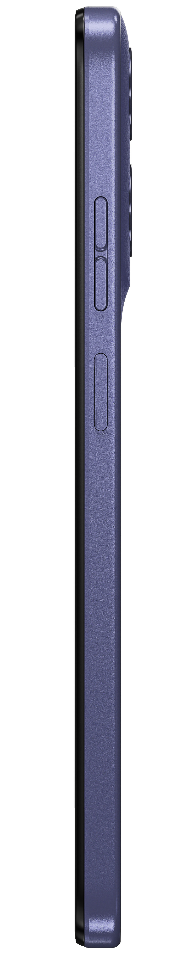 Widok z boku niebieskiego telefonu Motorola. Widoczne przyciski i krawędź.