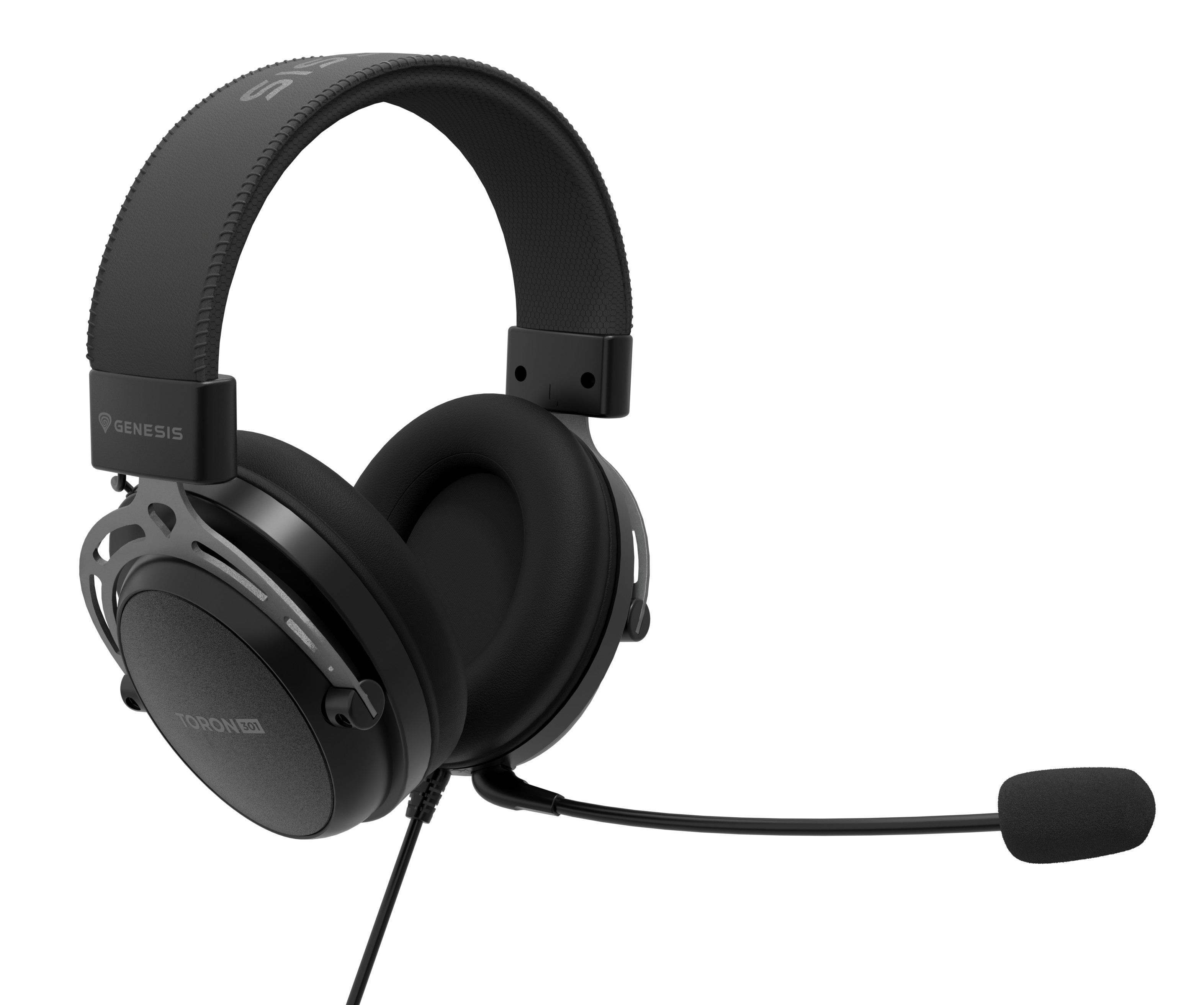 Czarne słuchawki z mikrofonem na białym tle.