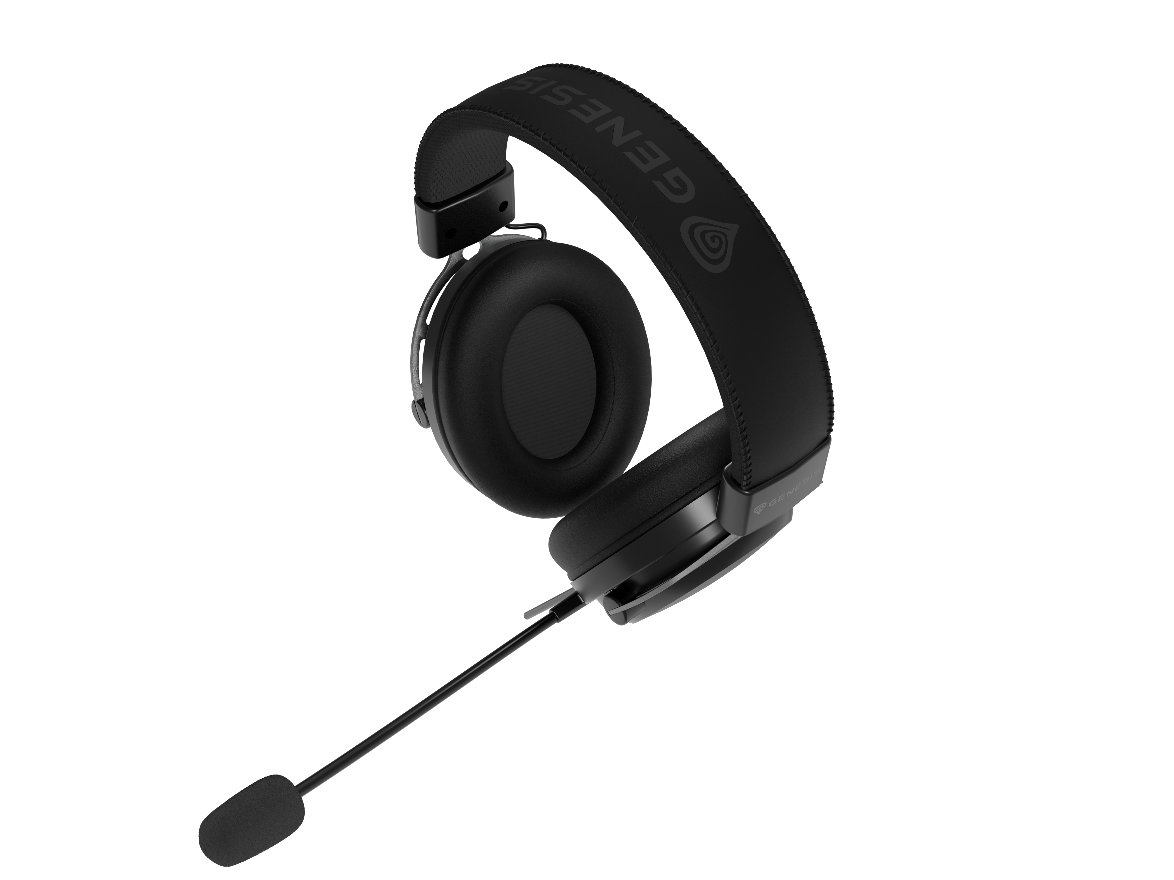 Czarny zestaw słuchawkowy dla graczy Genesis. Zestaw jest pod kątem, z wysuniętym mikrofonem.