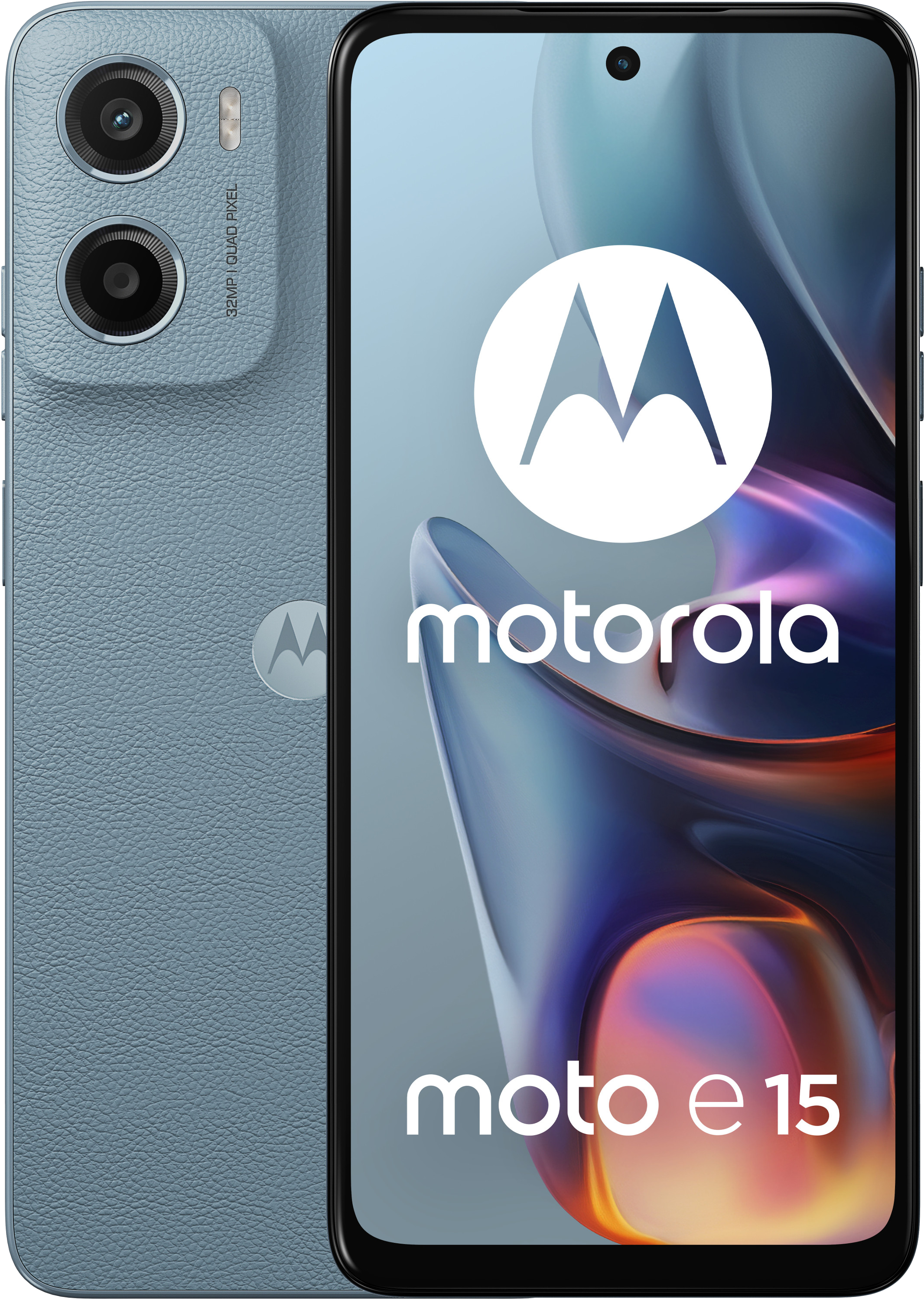 Niebieski telefon Motorola moto e15 i tył. Widoczne logo Motorola, aparat i tekst moto e15.