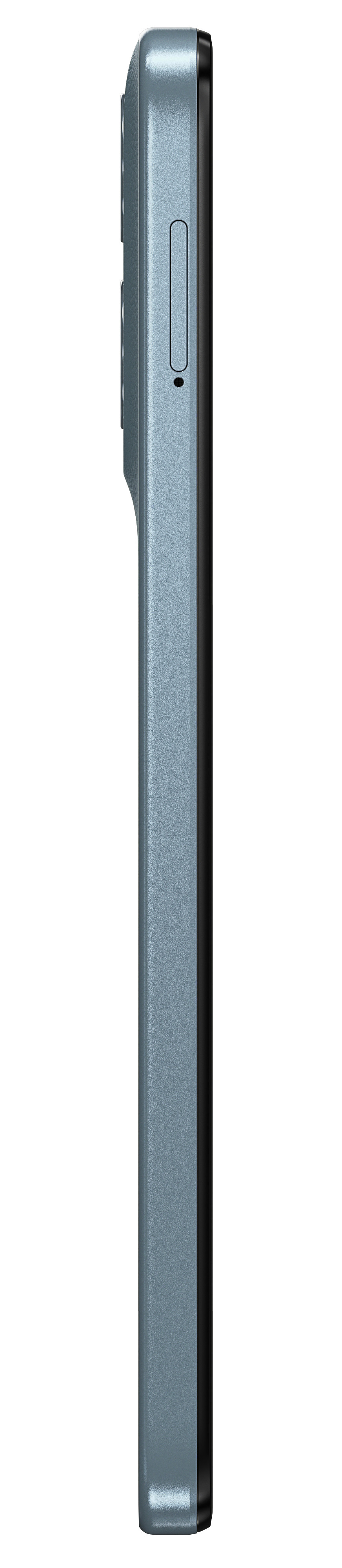 Widok z boku niebieskiego telefonu Motorola. Widoczne przyciski i krawędź.