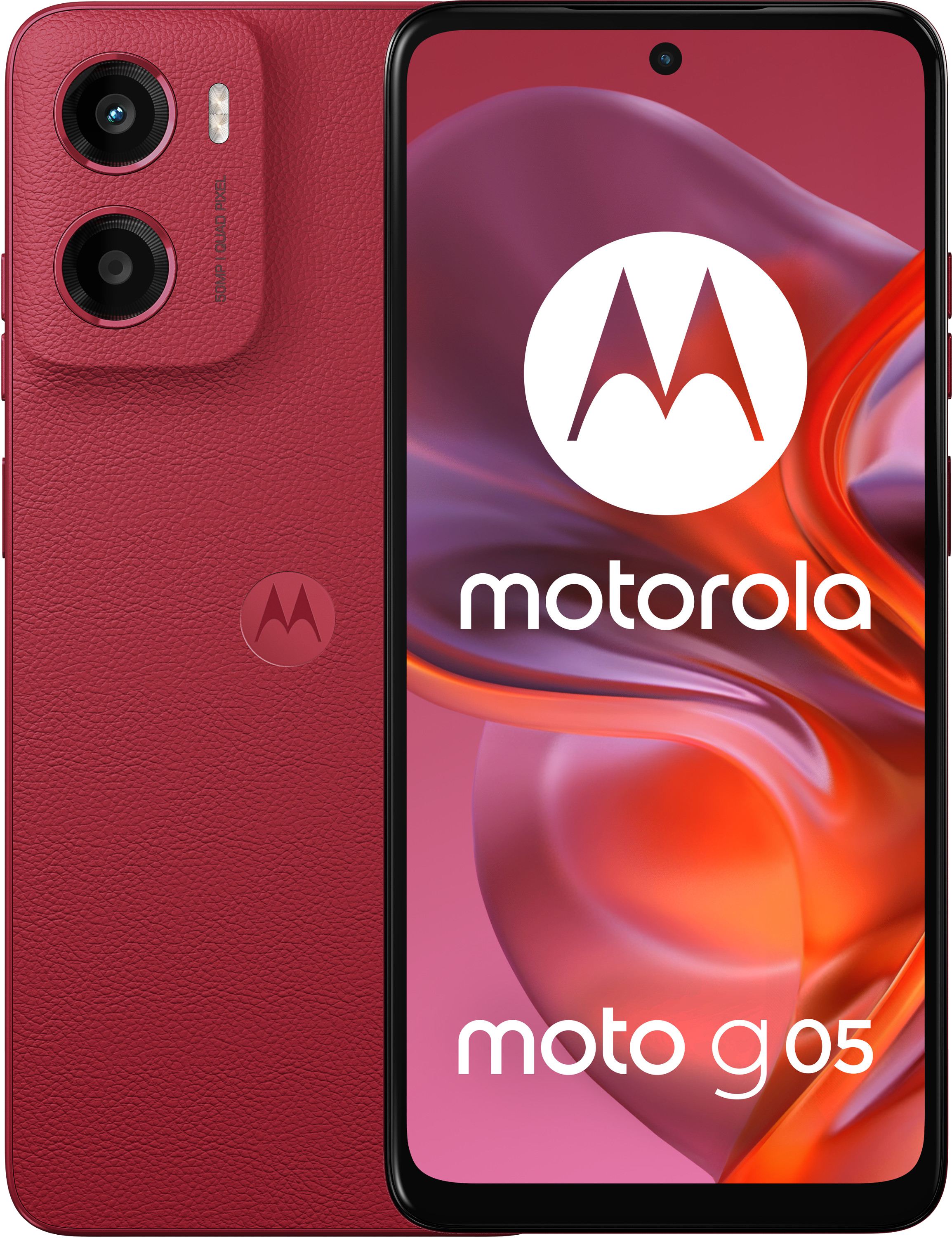 Czerwony smartfon Motorola Moto G05. Ma podwójny aparat i duży ekran z logo Motorola.