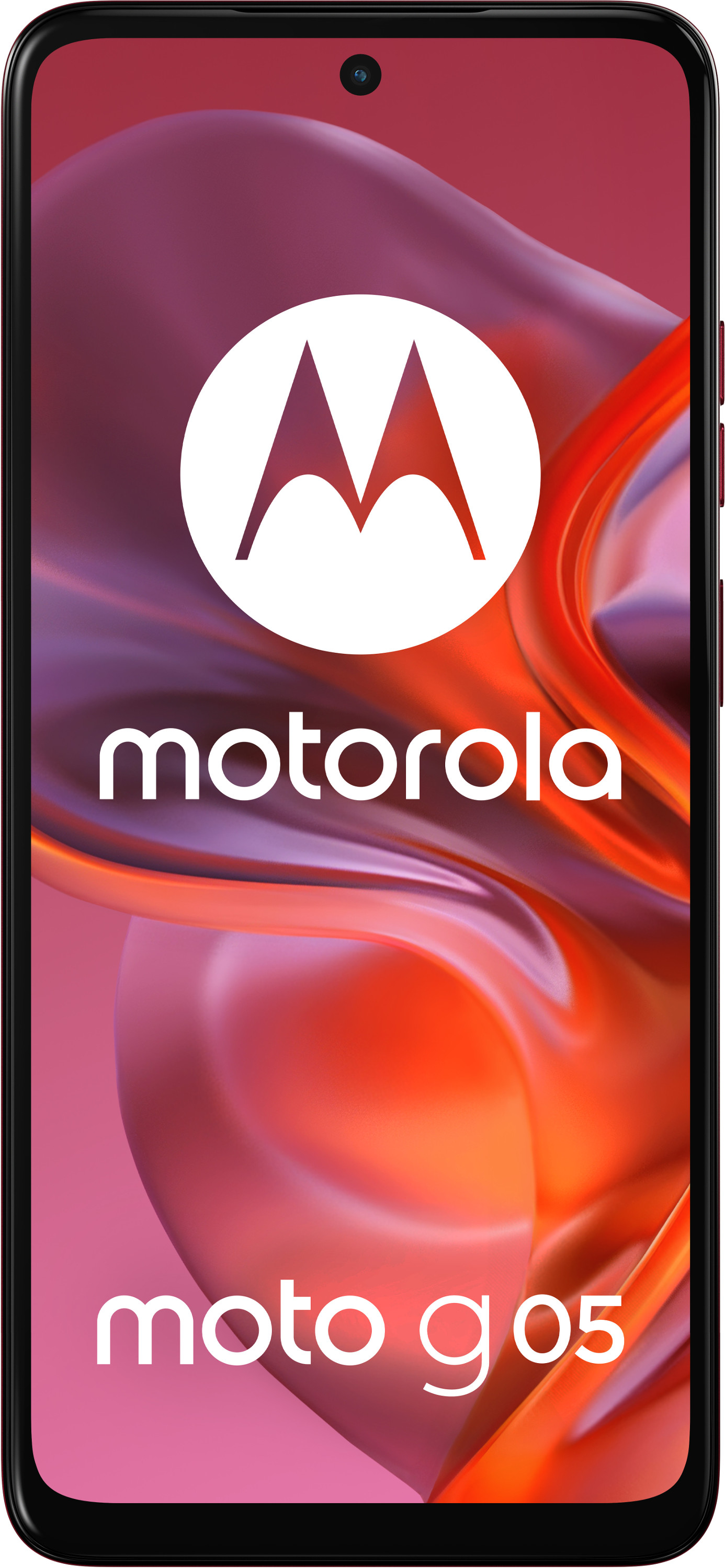 Smartfon z czerwonym tyłem i ekranem wyświetlającym logo Motorola.