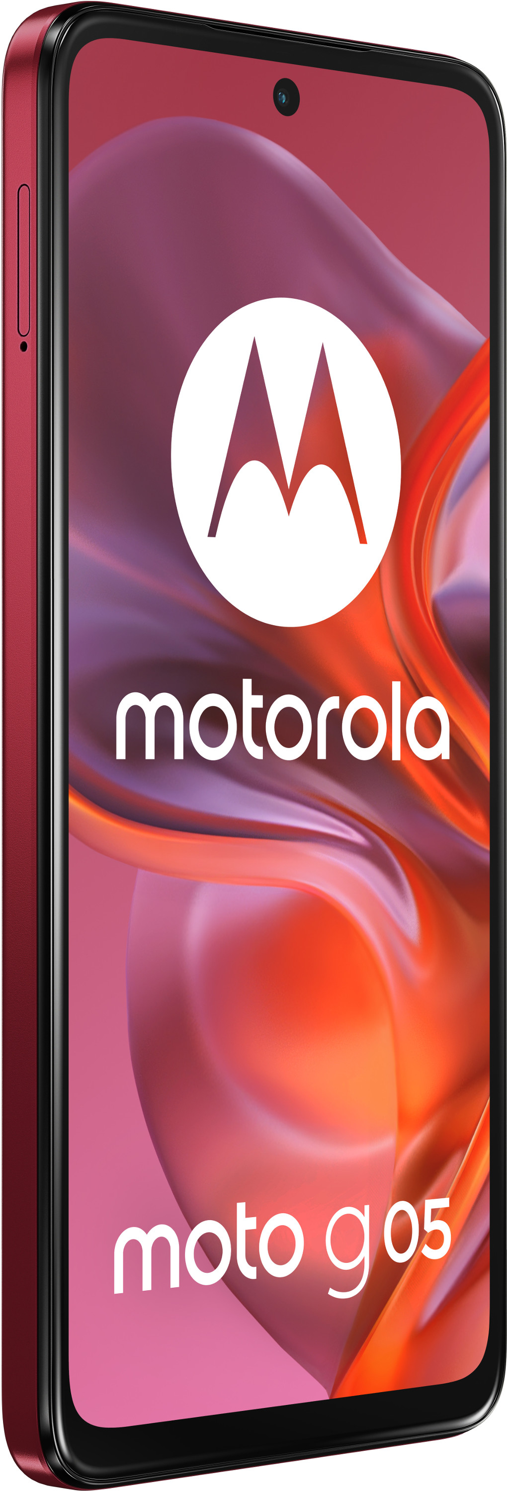 Czerwony telefon Motorola moto g05. Widoczne logo Motorola i tekst moto g05.