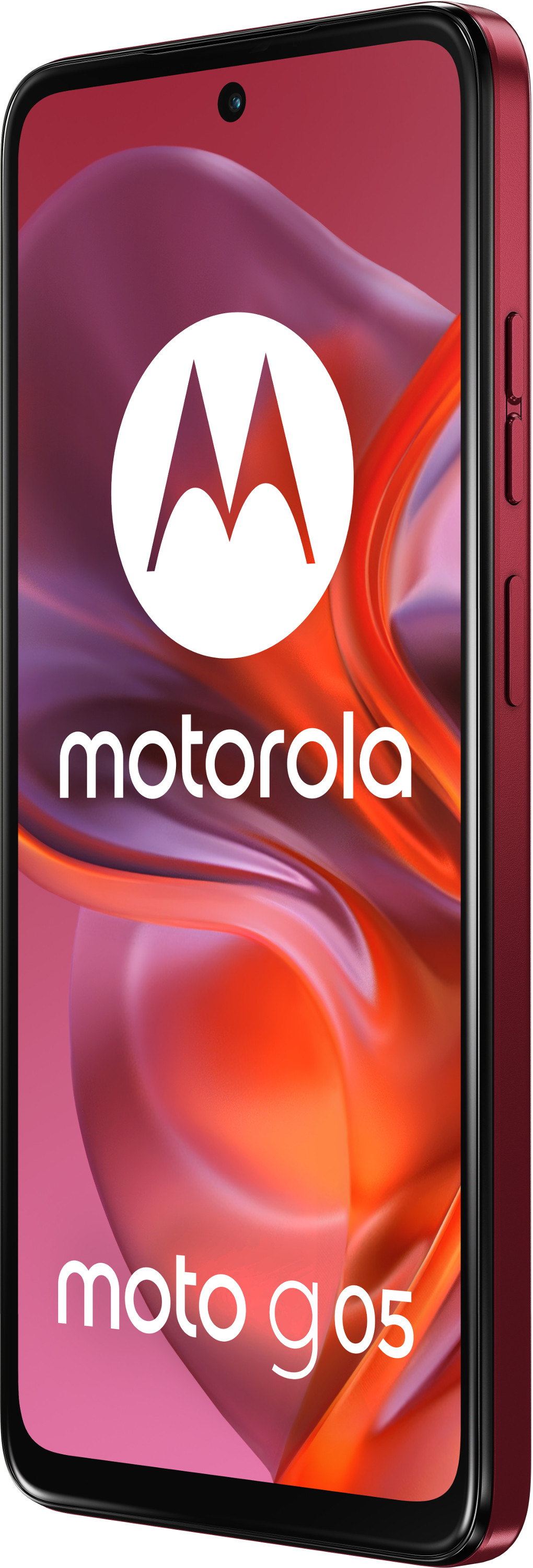 Czerwony smartfon Motorola Moto G05. Telefon wyświetla kolorowy, abstrakcyjny obraz na ekranie.