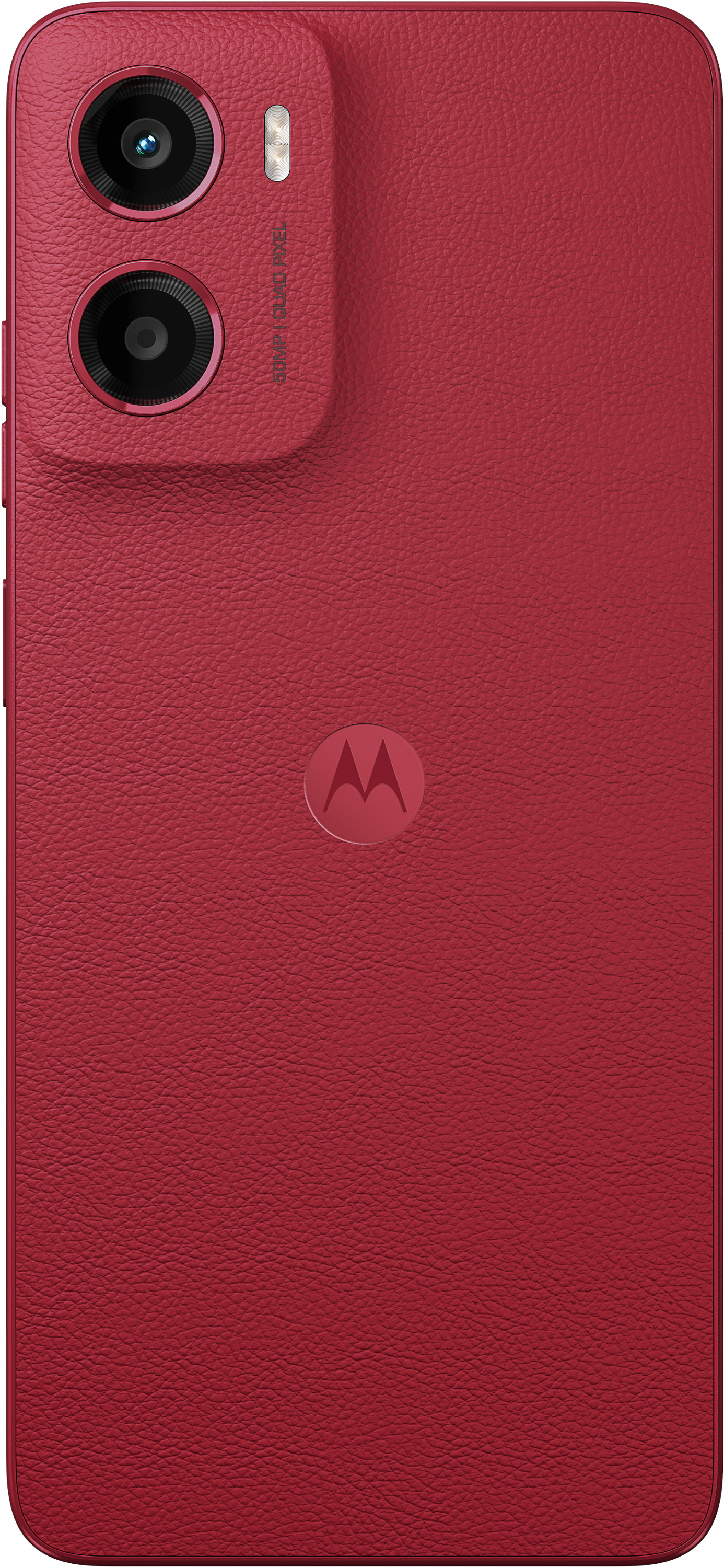 Tył czerwonego telefonu Motorola. Widoczne dwa obiektywy, wypukłość aparatu i logo.