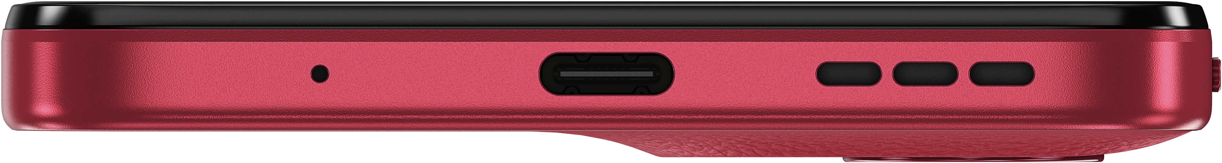 Czerwona krawędź telefonu z portami. Czarny górny i dolny. Port USB-C i mikrofon.