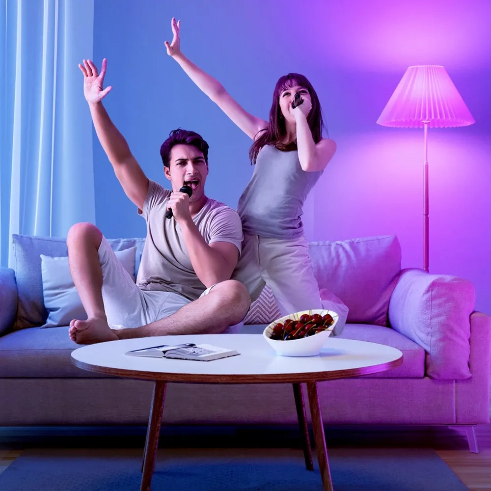 Mężczyzna i kobieta śpiewają karaoke w pokoju.