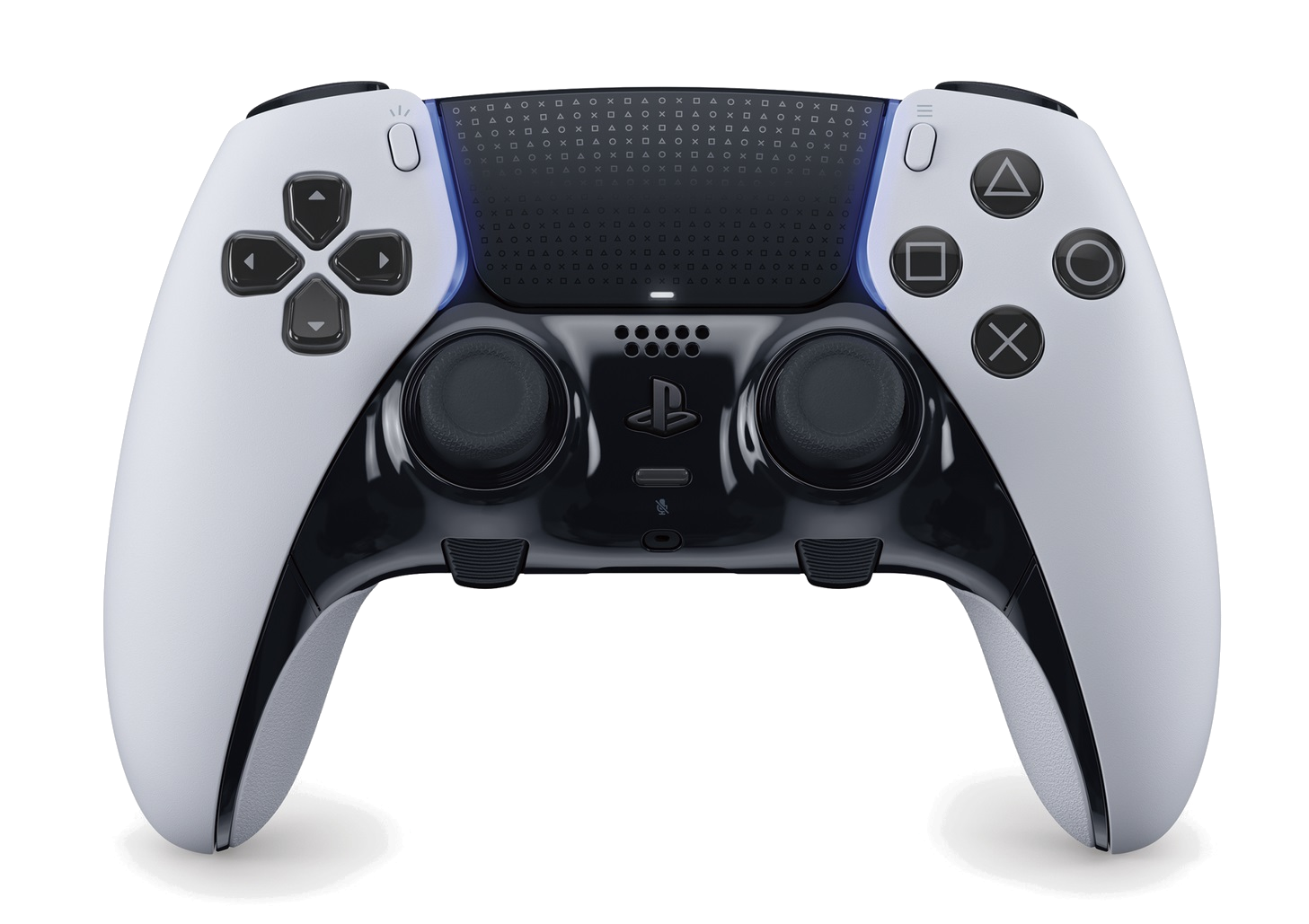 Biało-czarny kontroler Playstation z przyciskami i panelem dotykowym. Widoczne logo Playstation.
