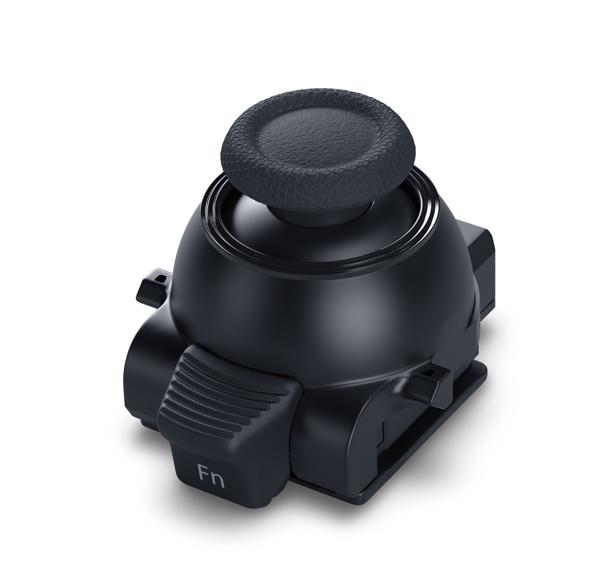 Czarny joystick z teksturowanym wierzchem i przyciskiem 'Fn'.