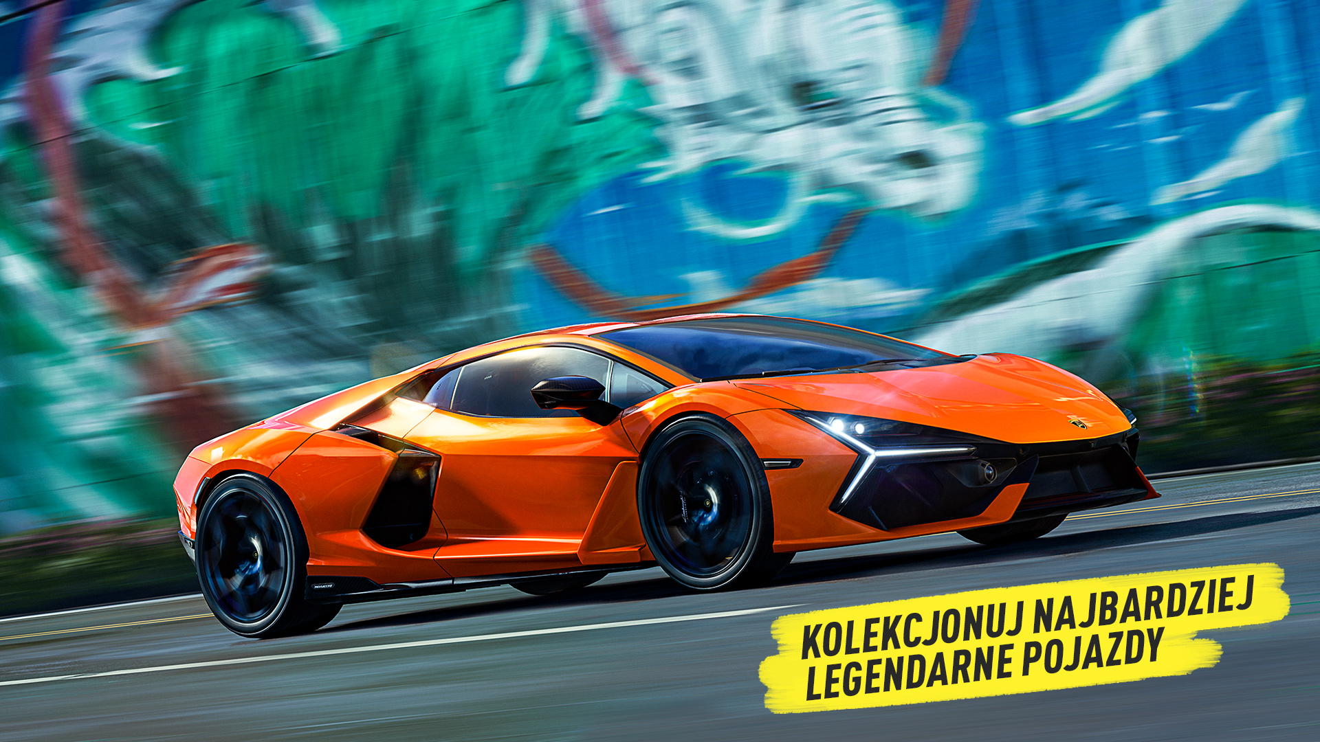 Pomarańczowy samochód sportowy Lamborghini na drodze, z tłem graffiti.