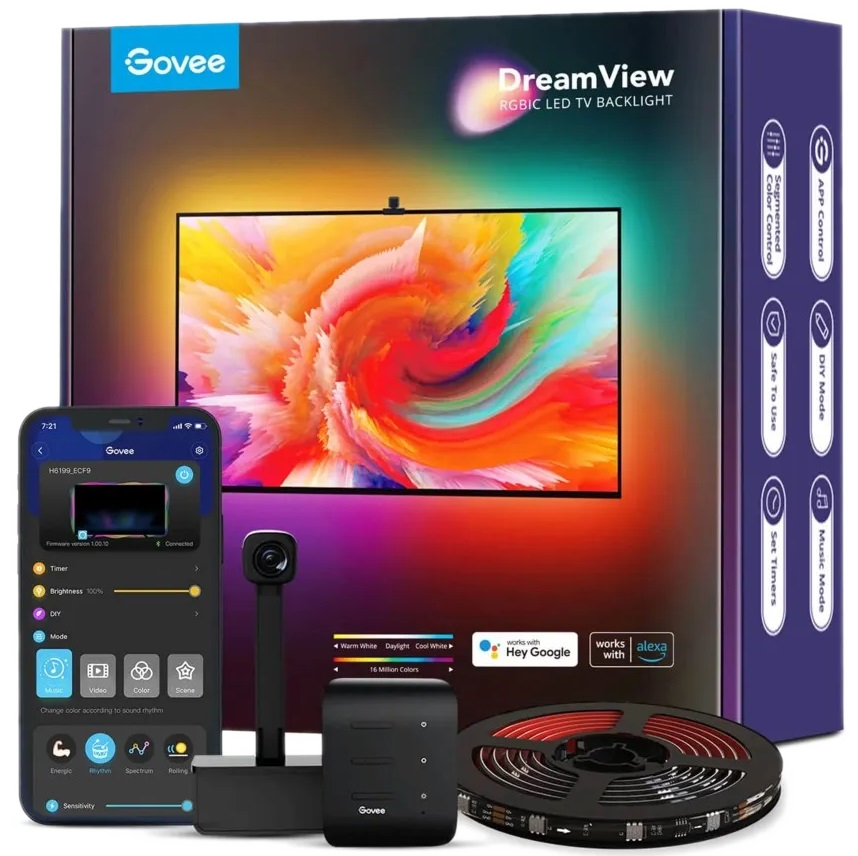Zestaw podświetlenia LED Govee DreamView do TV. Pudełko z TV, interfejs aplikacji, kontrolą i paskiem LED.