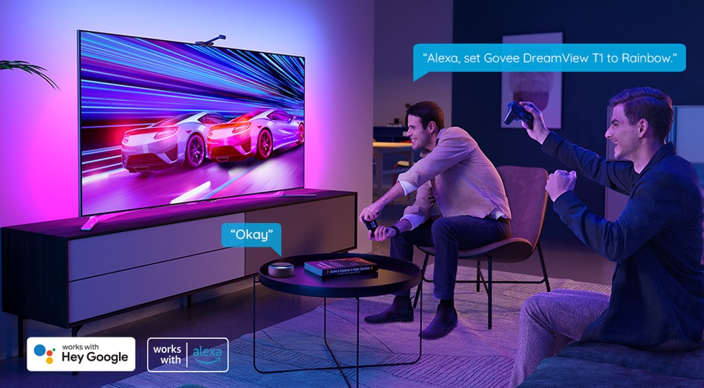 Dwóch mężczyzn grających w grę z telewizorem i oświetleniem LED.