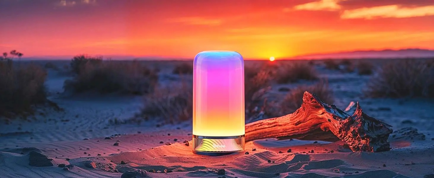 Lampa wyświetlająca gradient na tle zachodzącego słońca na piaszczystej plaży z drewnem wyrzuconym przez morze.