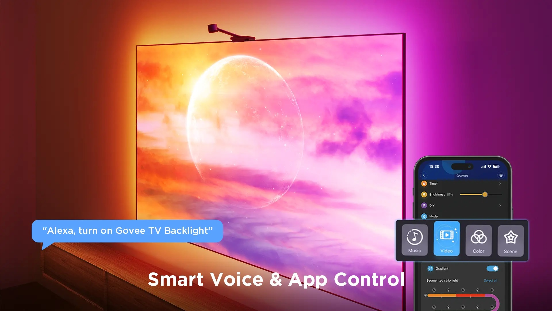 Telewizor z opcjami sterowania aplikacją. Telewizor ma podświetlenie z kolorowym wyświetlaczem i kamerą.