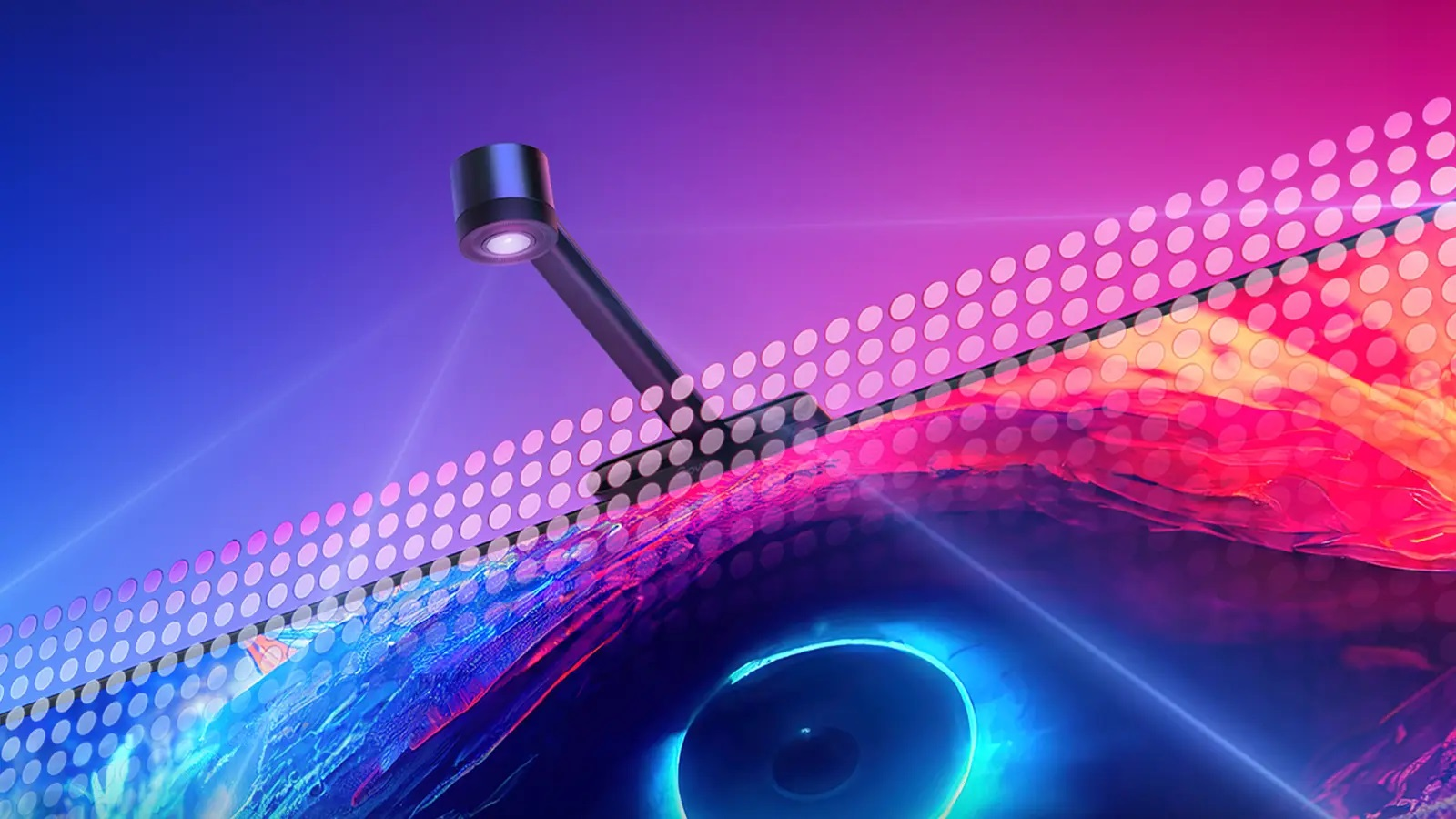 Zbliżenie telewizora z kamerą na górze. Ekran wyświetla kolorowy cyfrowy obraz.