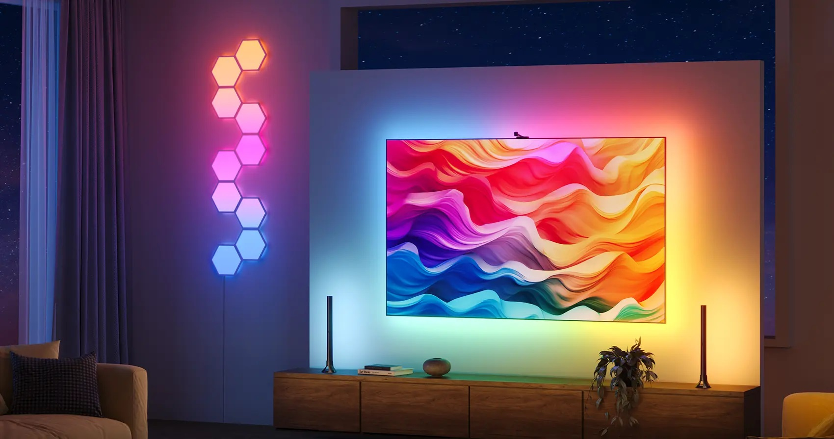 Nowoczesny układ salonu z oświetleniem otoczenia.