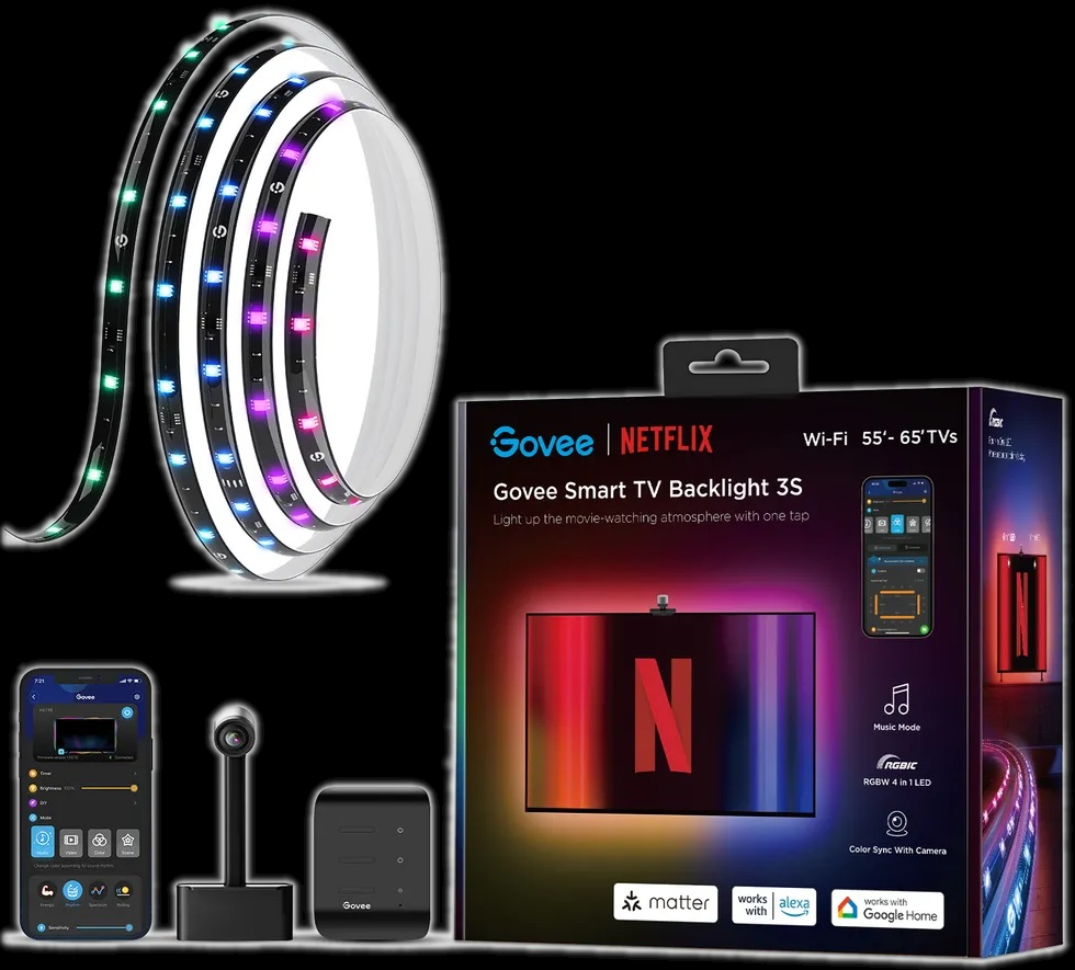 Govee Smart TV Backlight 3S z telewizorem, aplikacją i akcesoriami.
