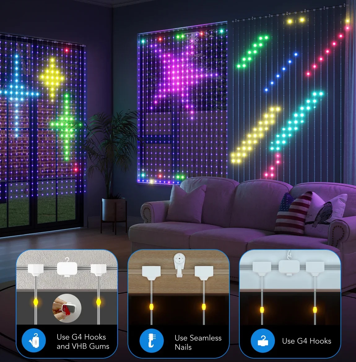 Wnętrze z oświetleniem LED. Światła w kształcie gwiazd i linii.