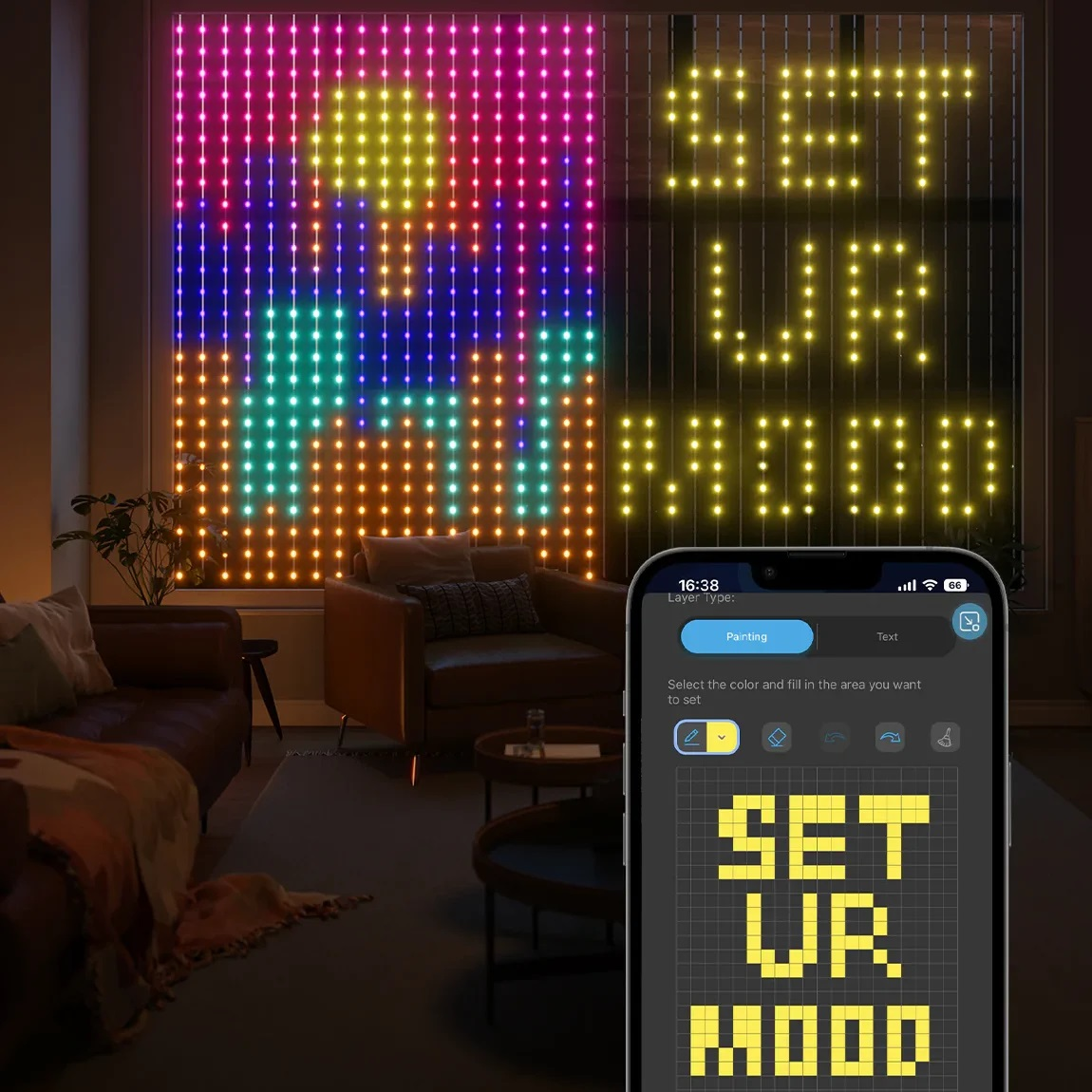 Salon z kolorowym panelem LED i telefonem wyświetlającym aplikację.