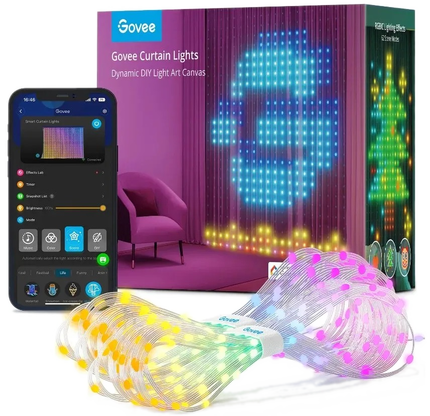 Oświetlenie kurtynowe Govee, smartfon z aplikacją, pudełko, choinka i bałwan.