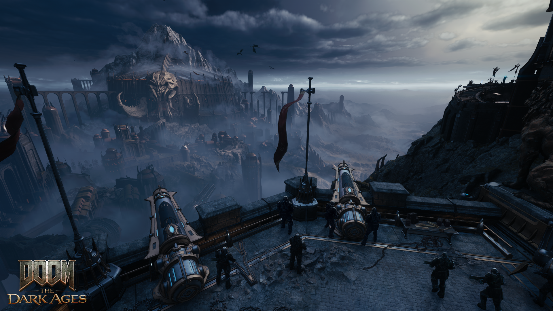 Scena z Doom: The Dark Ages: forteca z widokiem na krajobraz z ciemnym niebem.