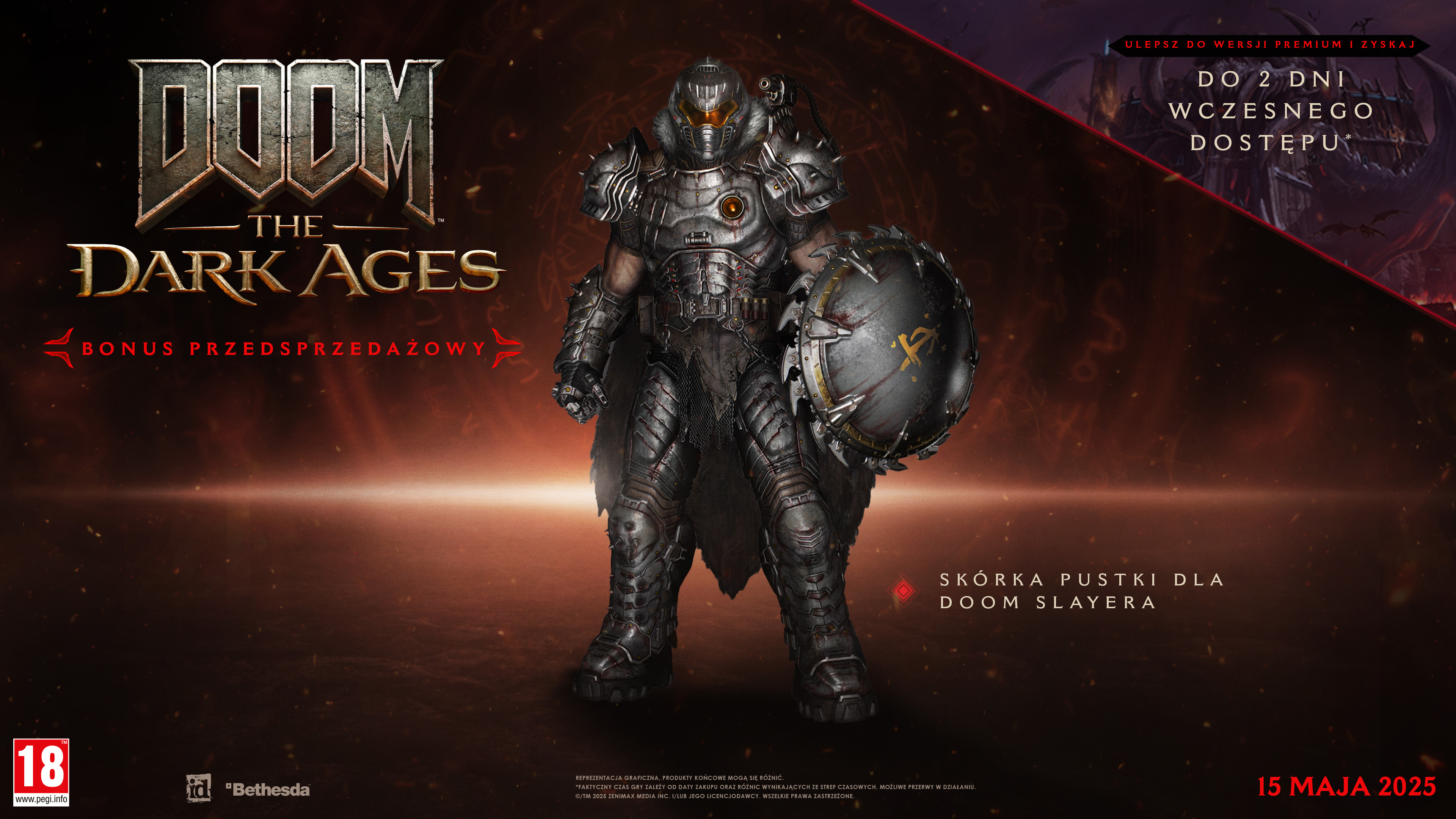 Plakat gry "DOOM: The Dark Ages" z postacią w zbroi, z tekstem w języku polskim.
