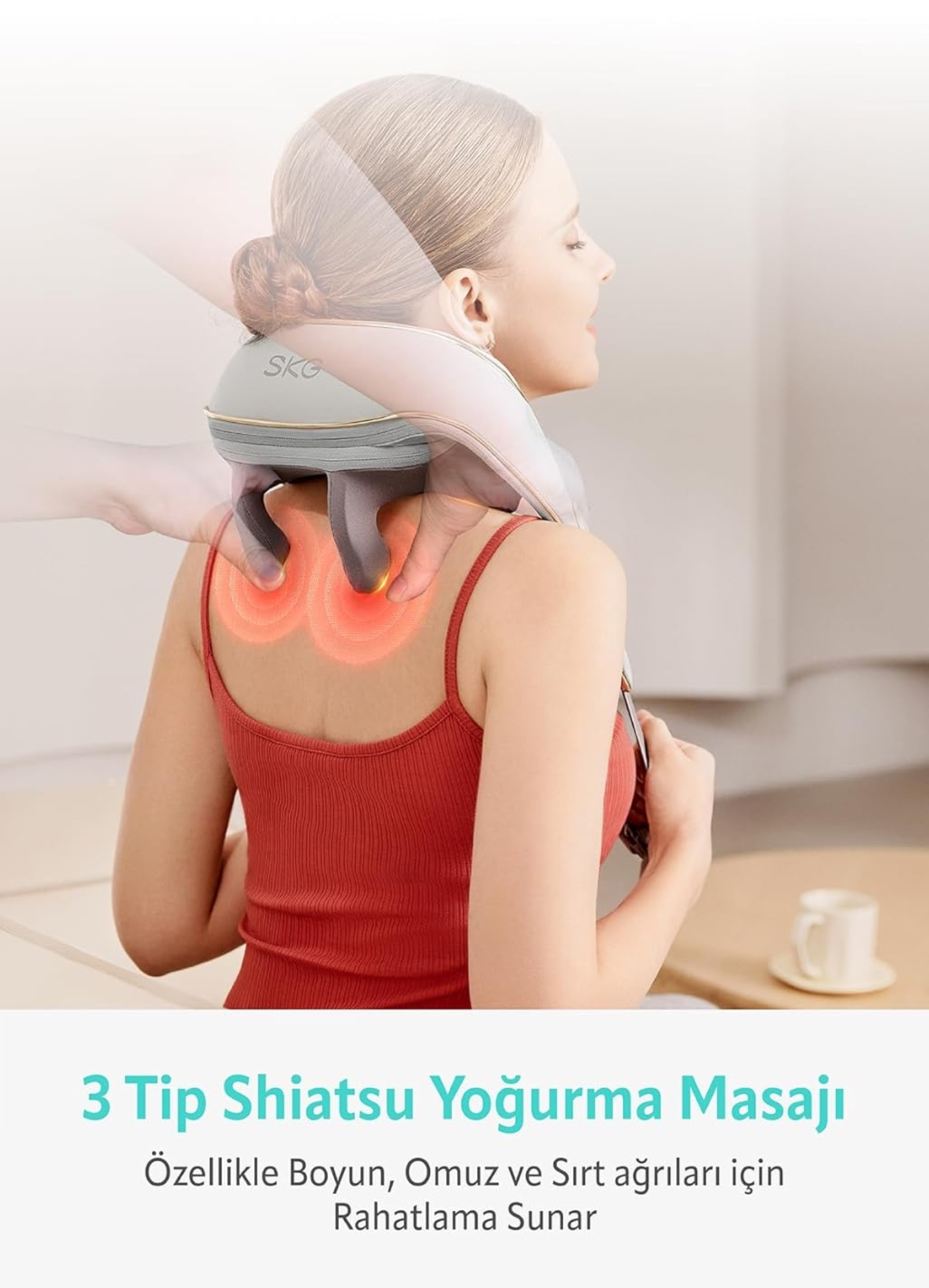 Boyun masaj aleti kullanan kadın. Boyunda kırmızı ışık. Türkçe metin yerleşimi.