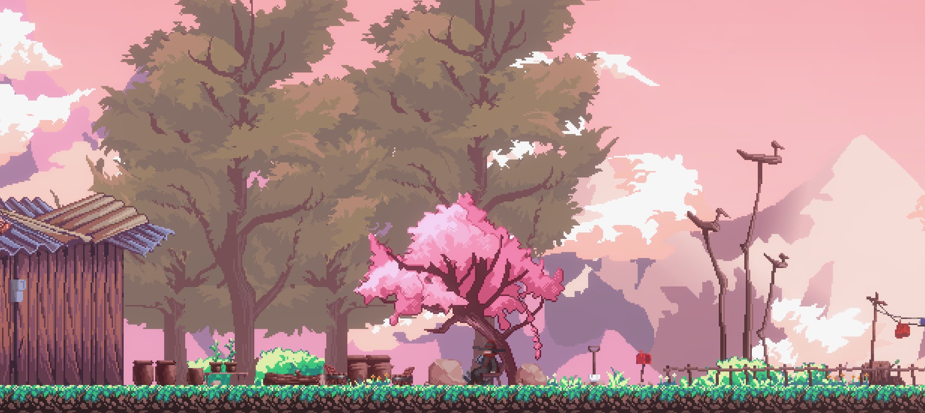 Paisaje de arte pixelado. Cielo rosa, árboles, una casa pequeña y una persona al fondo.