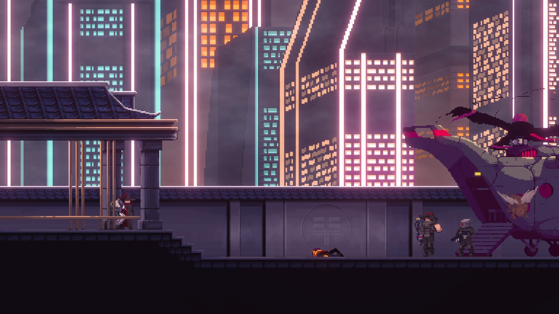 Escena urbana de pixel art. Edificios, un helicóptero y personas en una plataforma.