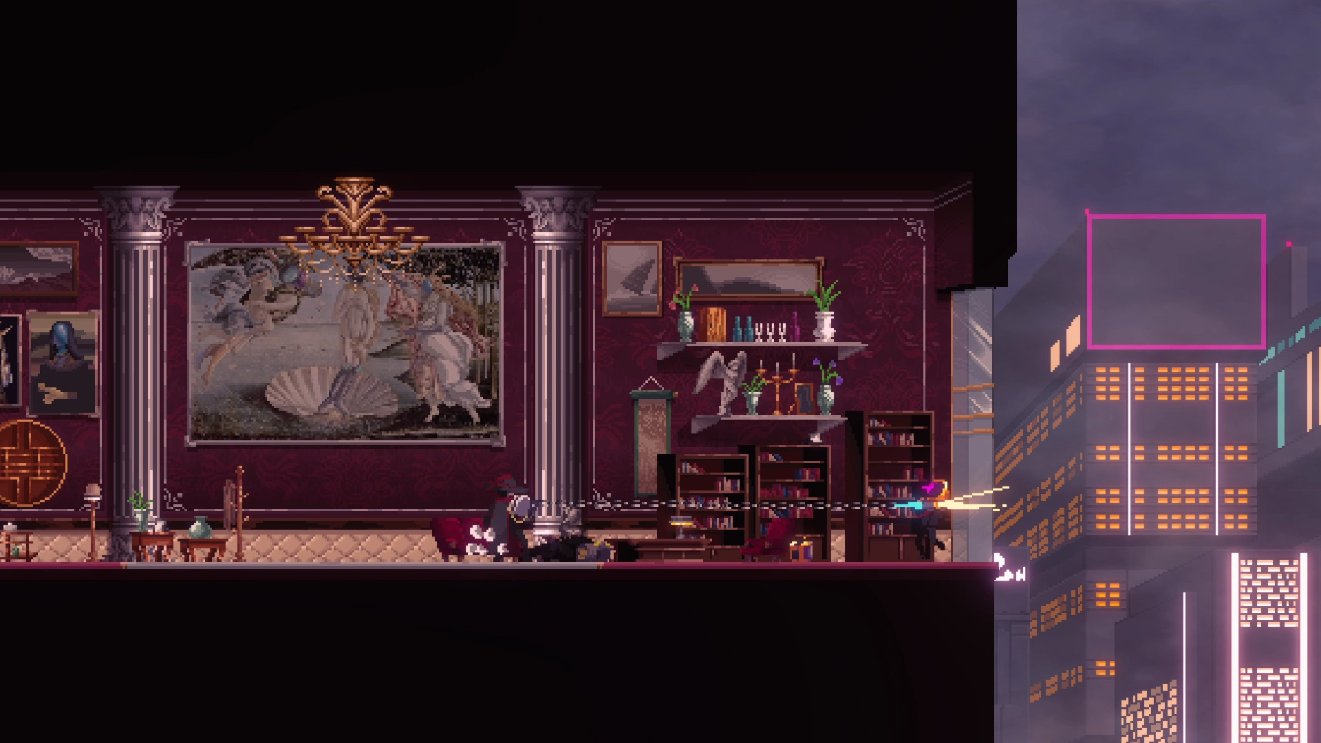 Una escena de arte pixelado con una habitación, un edificio y un cielo.