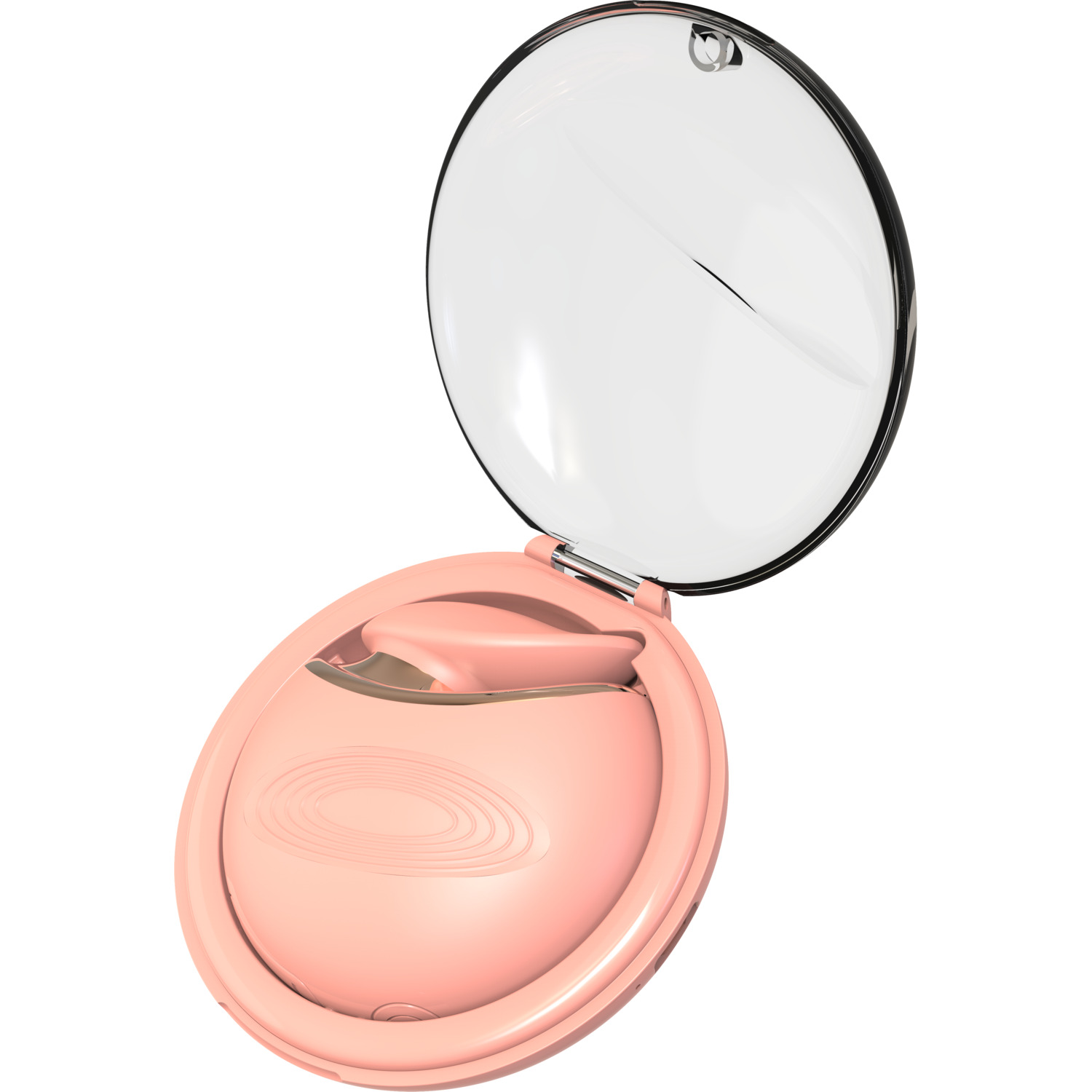 Pink makeup compact, open. Clear lid, a mirror, and a light pink interior.