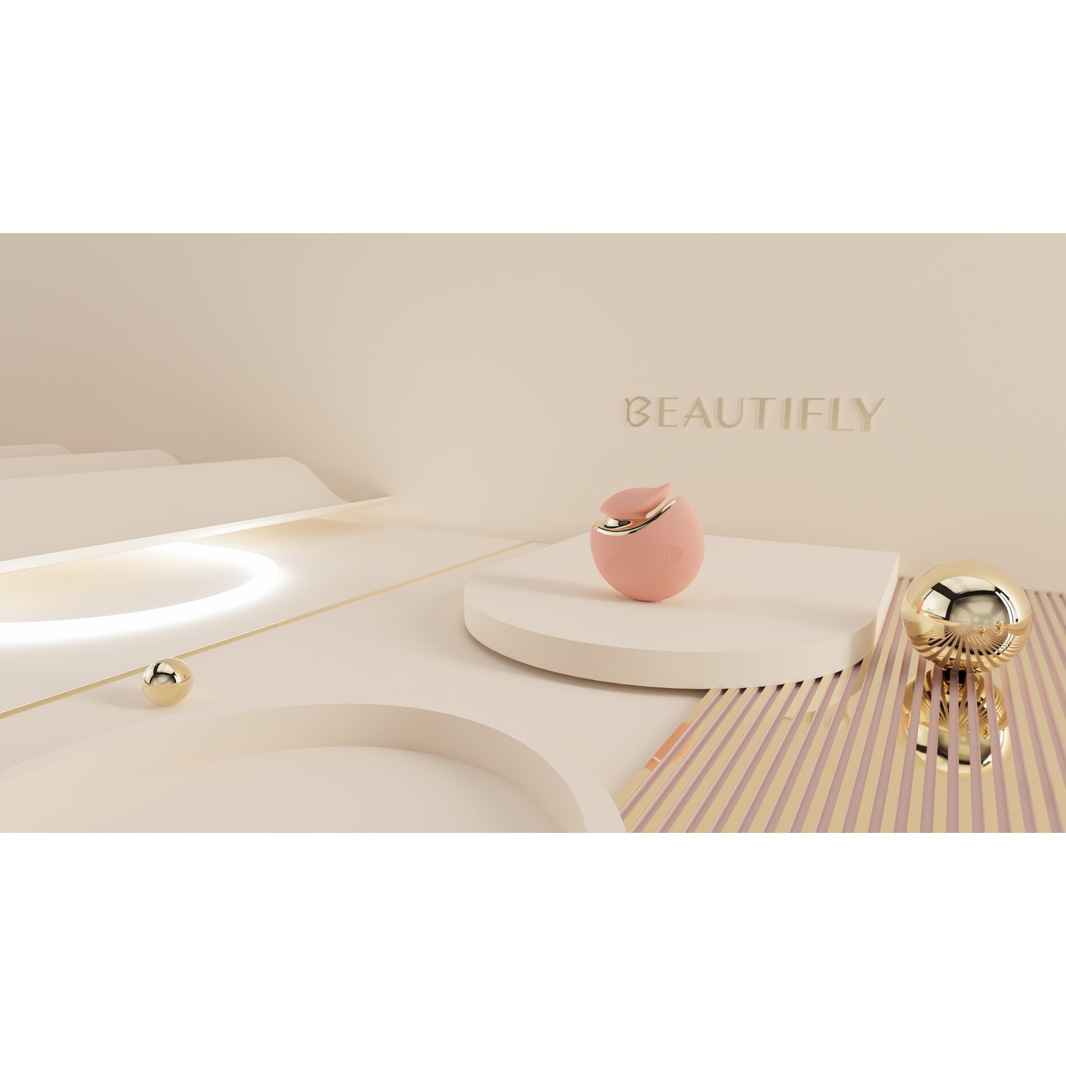 Pink device on a podium. Gold accents and the word BEAUTIFLY. Modern, minimalist design.