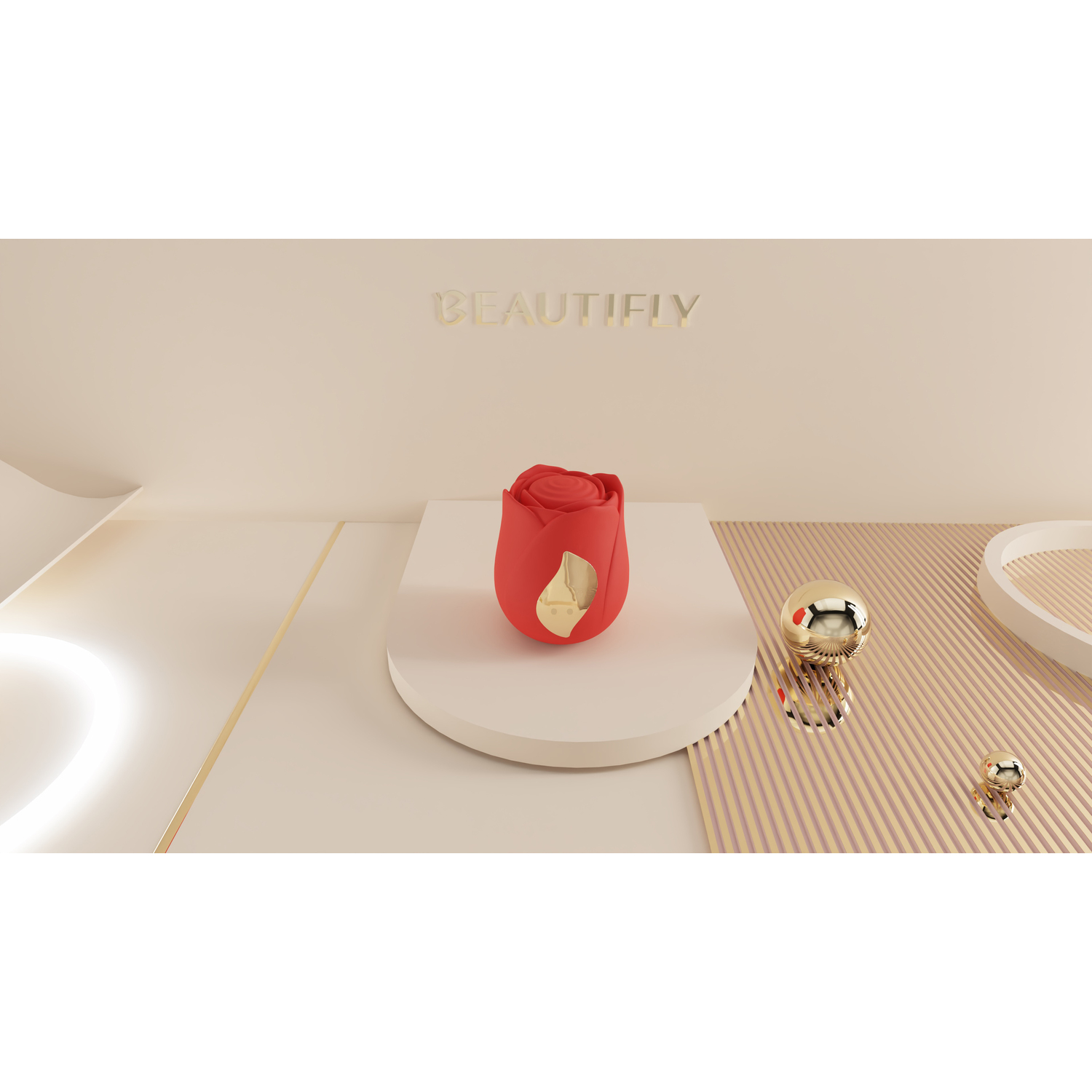 A red rose with a gold leaf detail on a pedestal, gold sphere nearby.