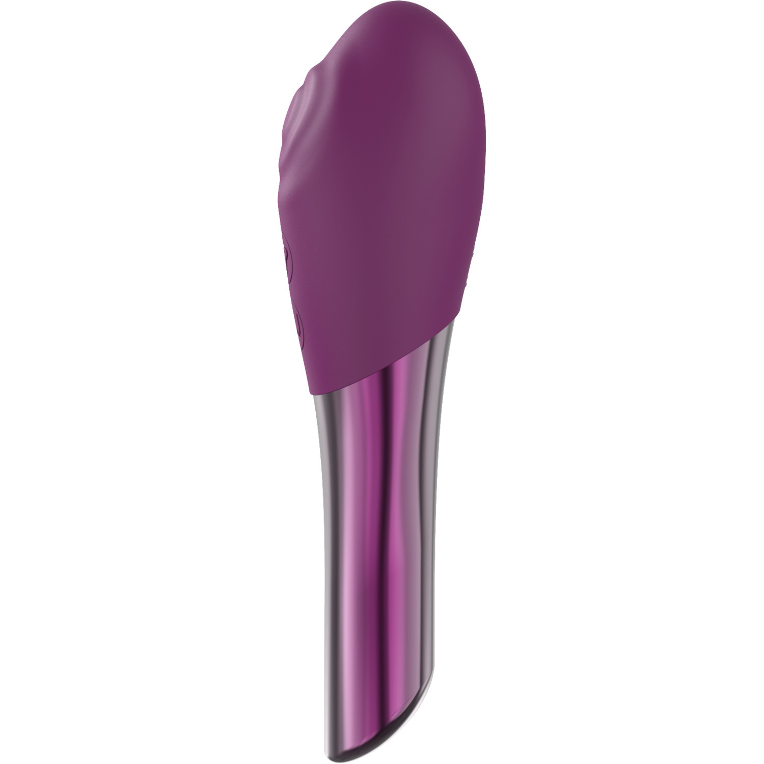 A purple and silver vibrator with a rounded tip and smooth design.