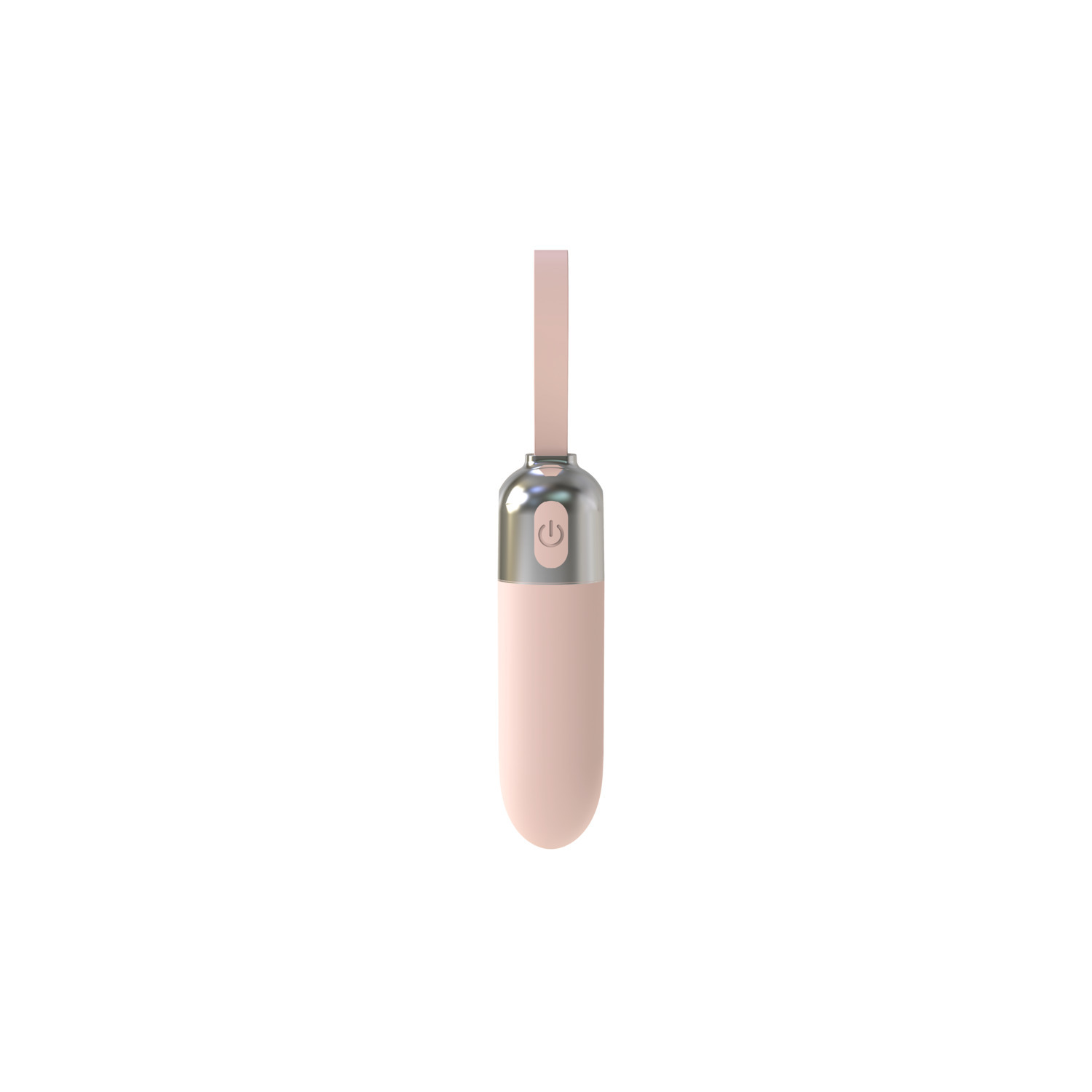 A pink, elongated vibrator with a silver button and a loop.