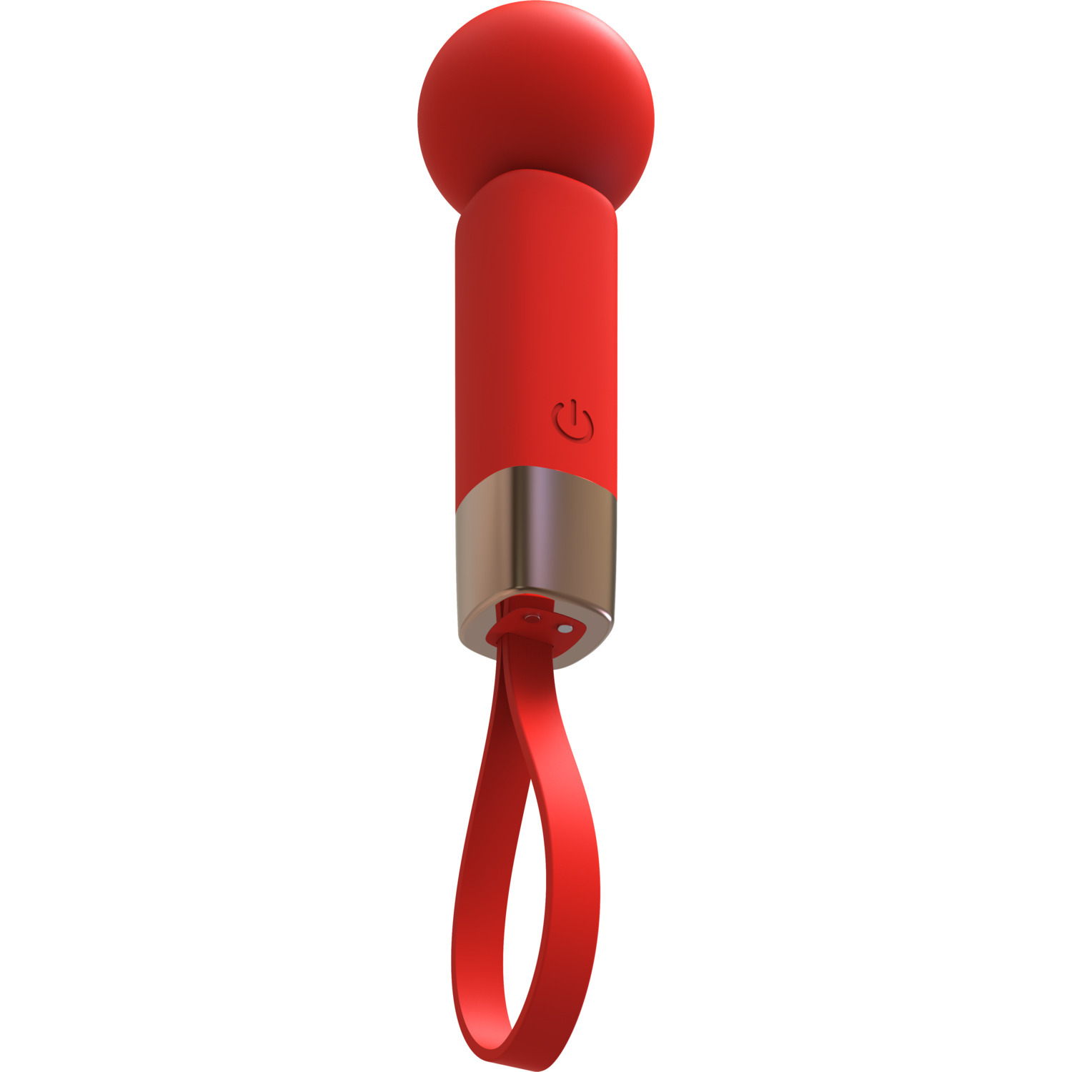 Red sex toy with a loop, ball on top, metallic silver band.