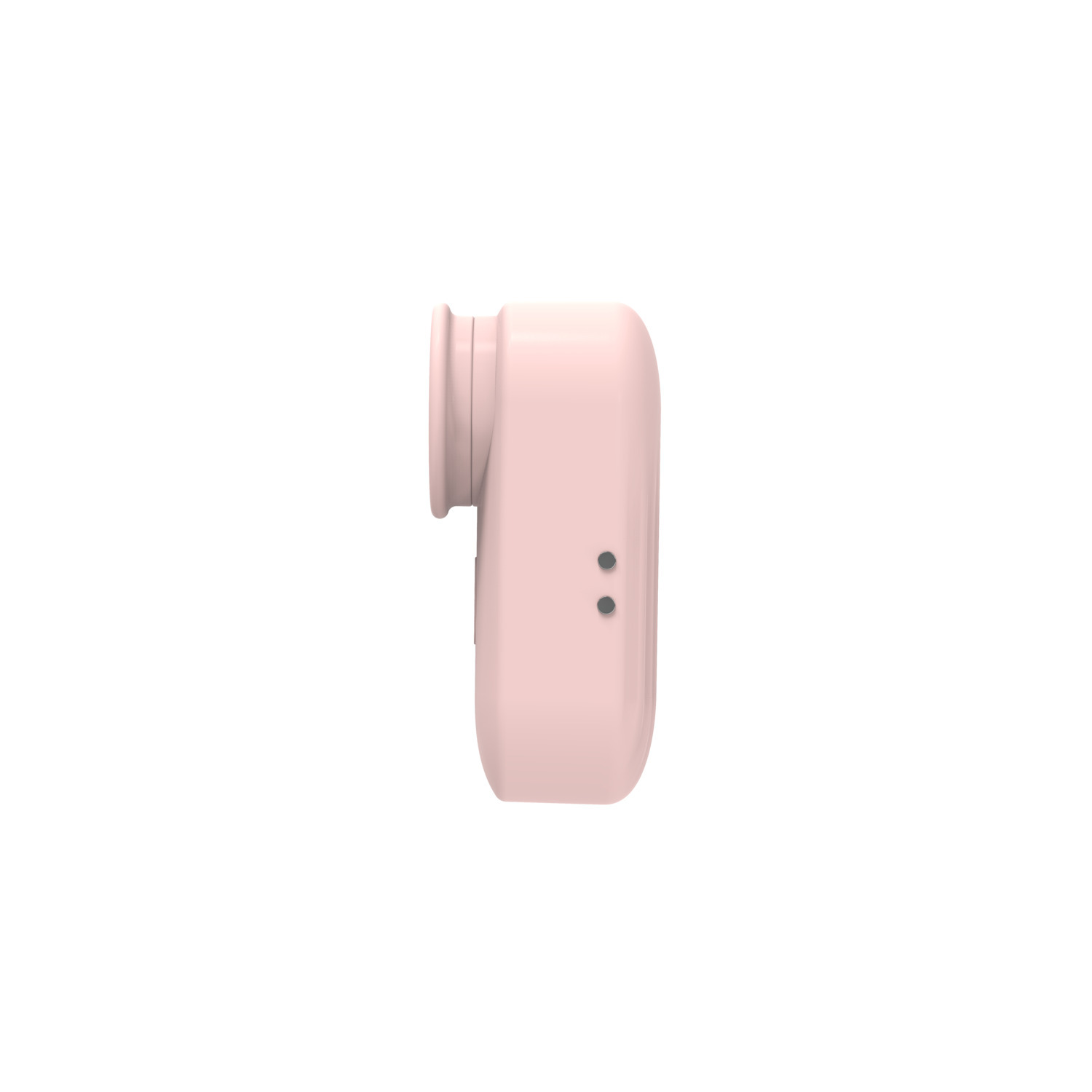 Pink device, side view. It has a cylinder shape at the top left and two holes on the right side.