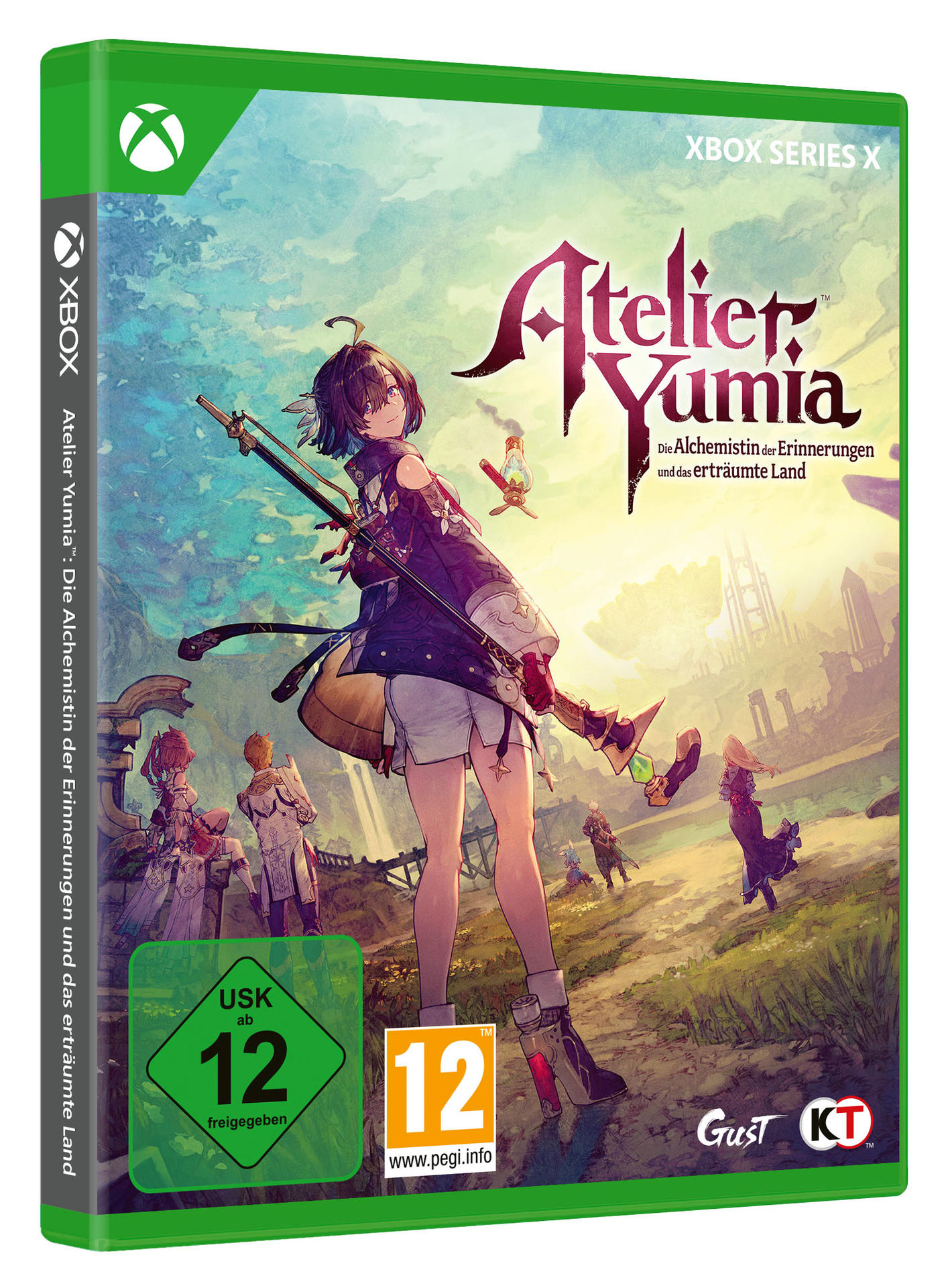 Spielbox. Ein Mädchen mit Schwert steht vor einer Fantasieszene. Grünes Xbox-Logo in der Ecke.
